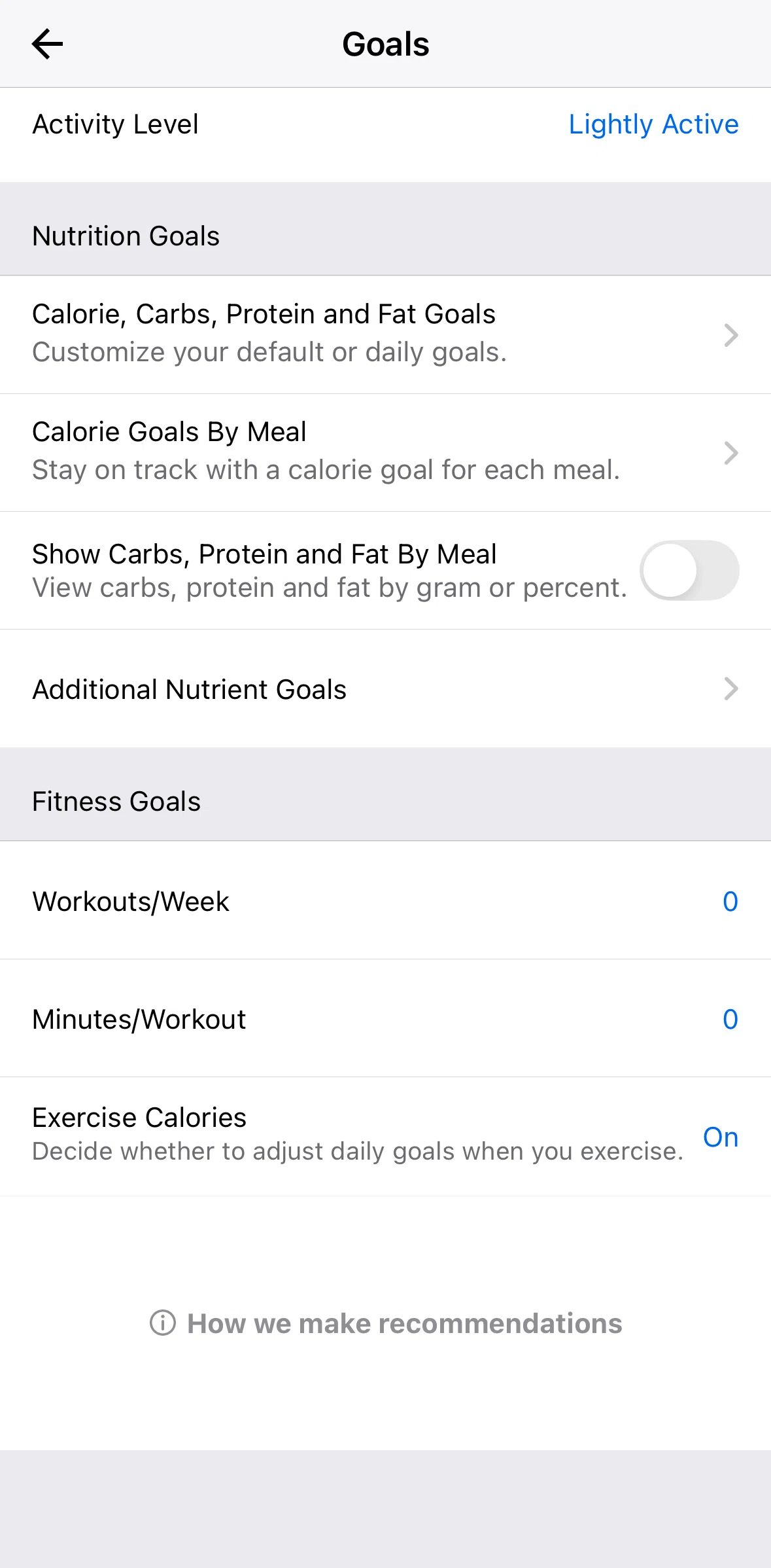 My Fitness Pal Screen 1 screen in the Adding a workout goals flow