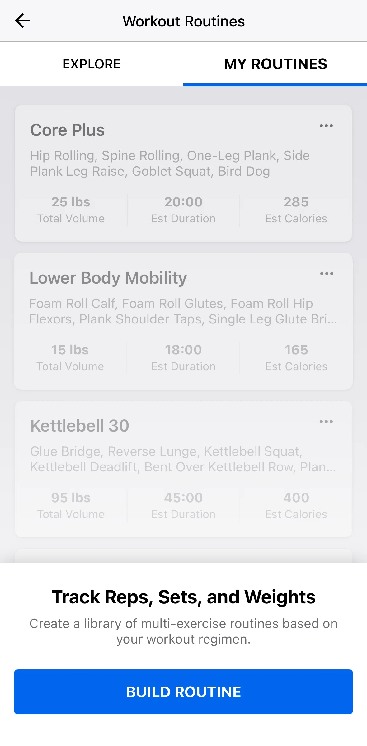 My Fitness Pal Screen 1 screen in the Building a routine flow