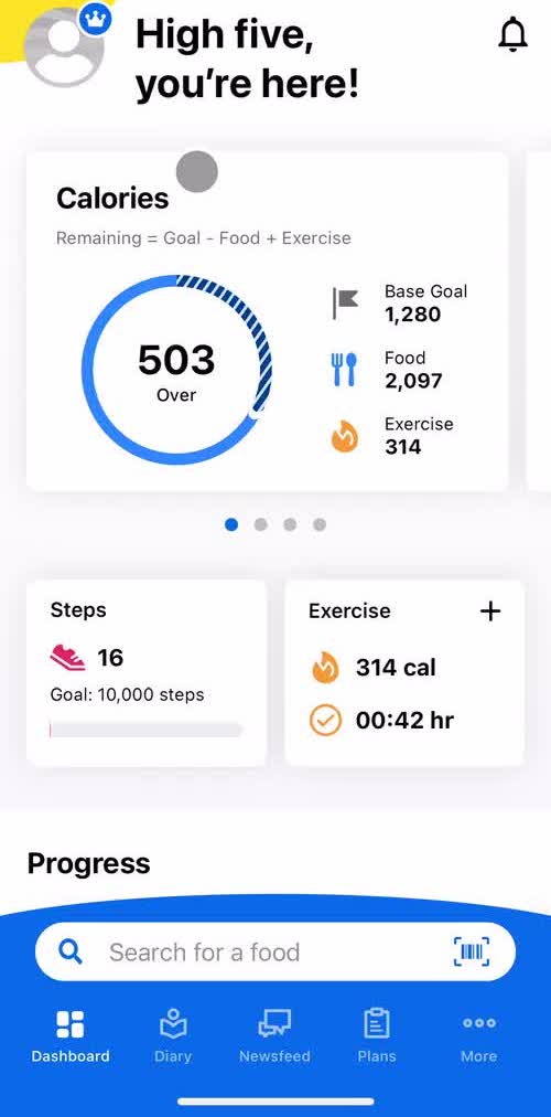 My Fitness Pal Dashboard screen in the Cancelling Your Subscription flow
