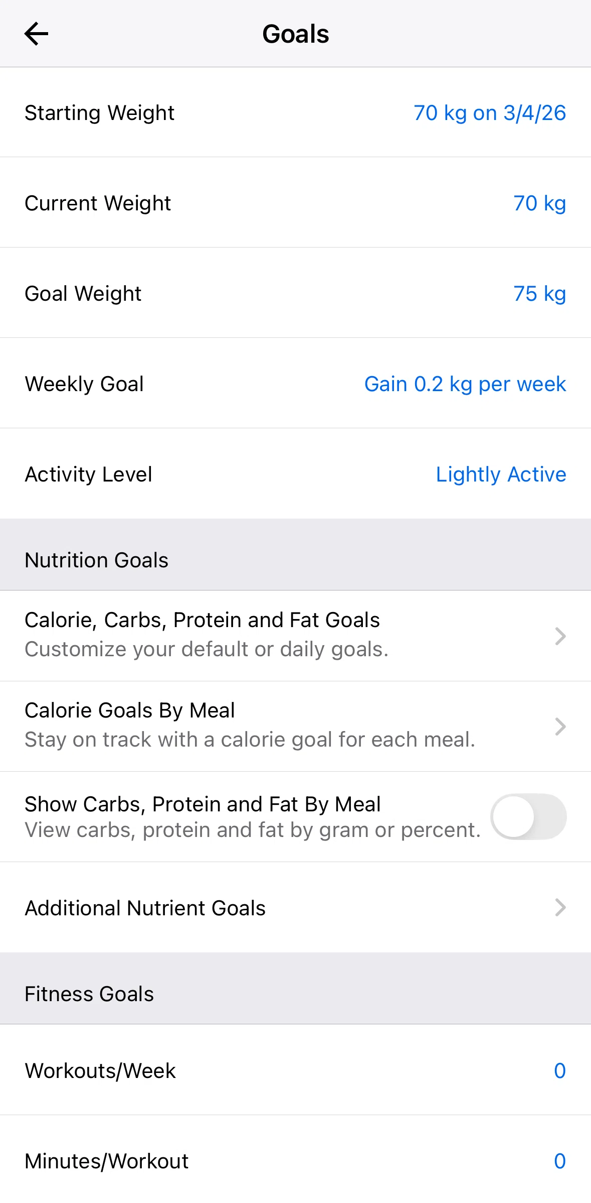 My Fitness Pal Screen 1 screen in the Changing starting weight flow