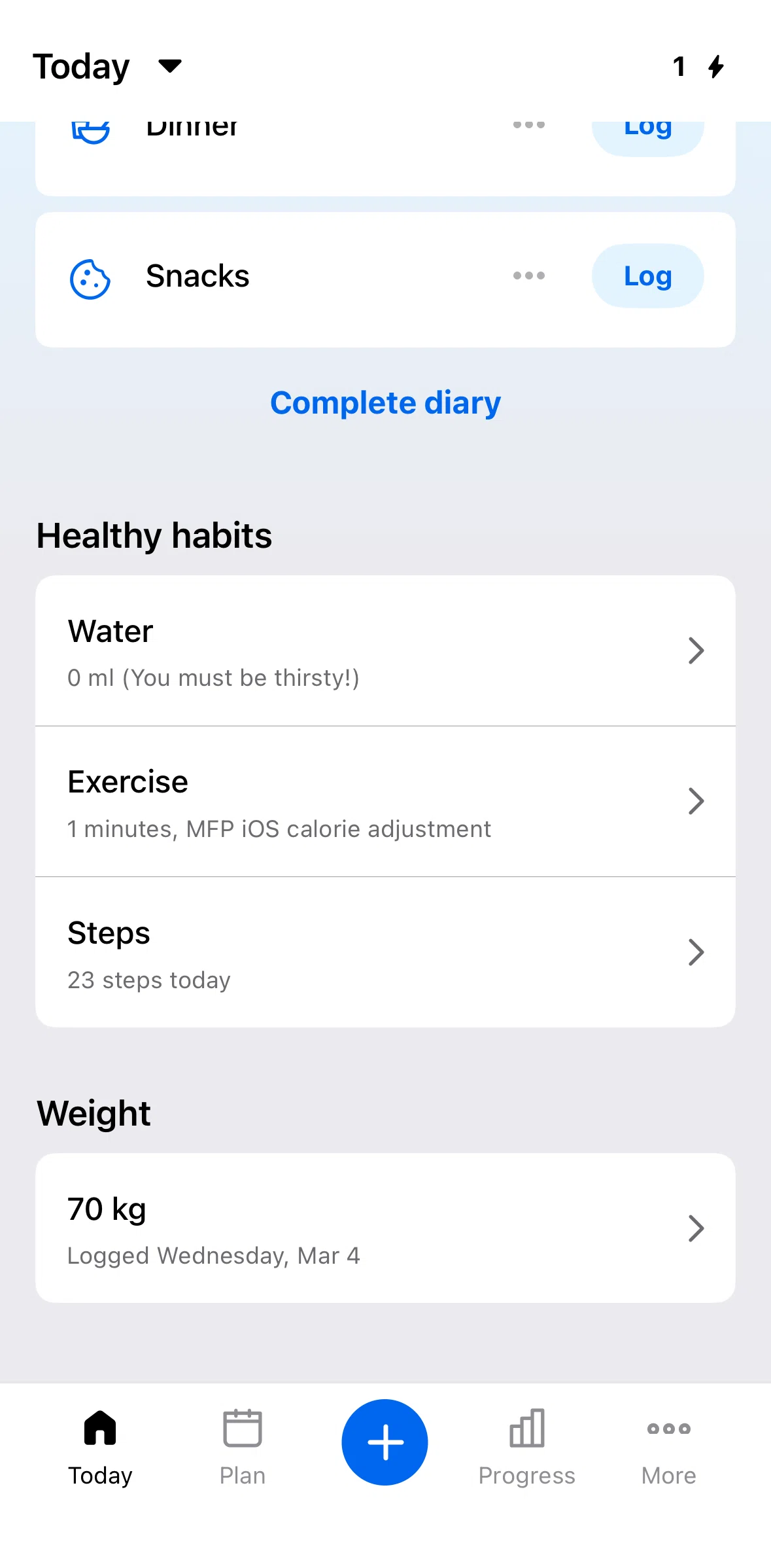 My Fitness Pal Screen 1 screen in the Exercise flow