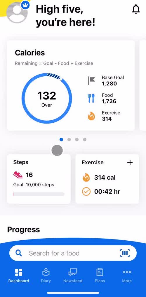 My Fitness Pal Dashboard screen in the Finding A Recipe flow
