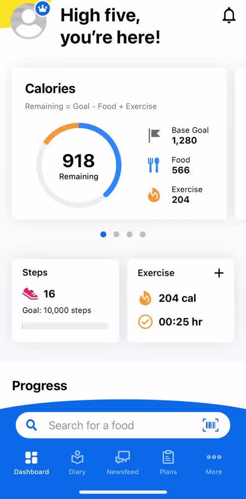 My Fitness Pal Dashboard screen in the General Browsing flow