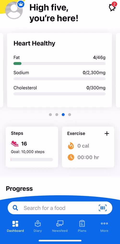 My Fitness Pal Dashboard screen in the Reminders flow