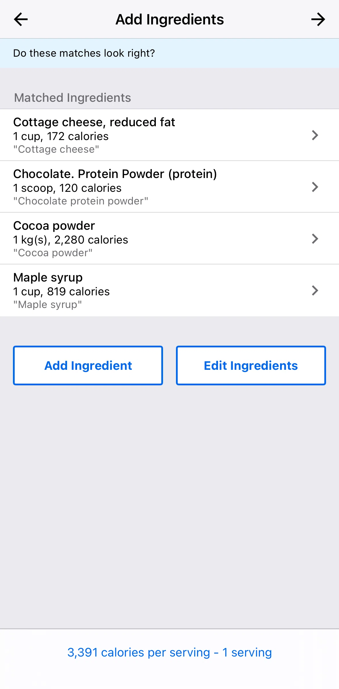 My Fitness Pal Screen 1 screen in the Removing an ingredient flow