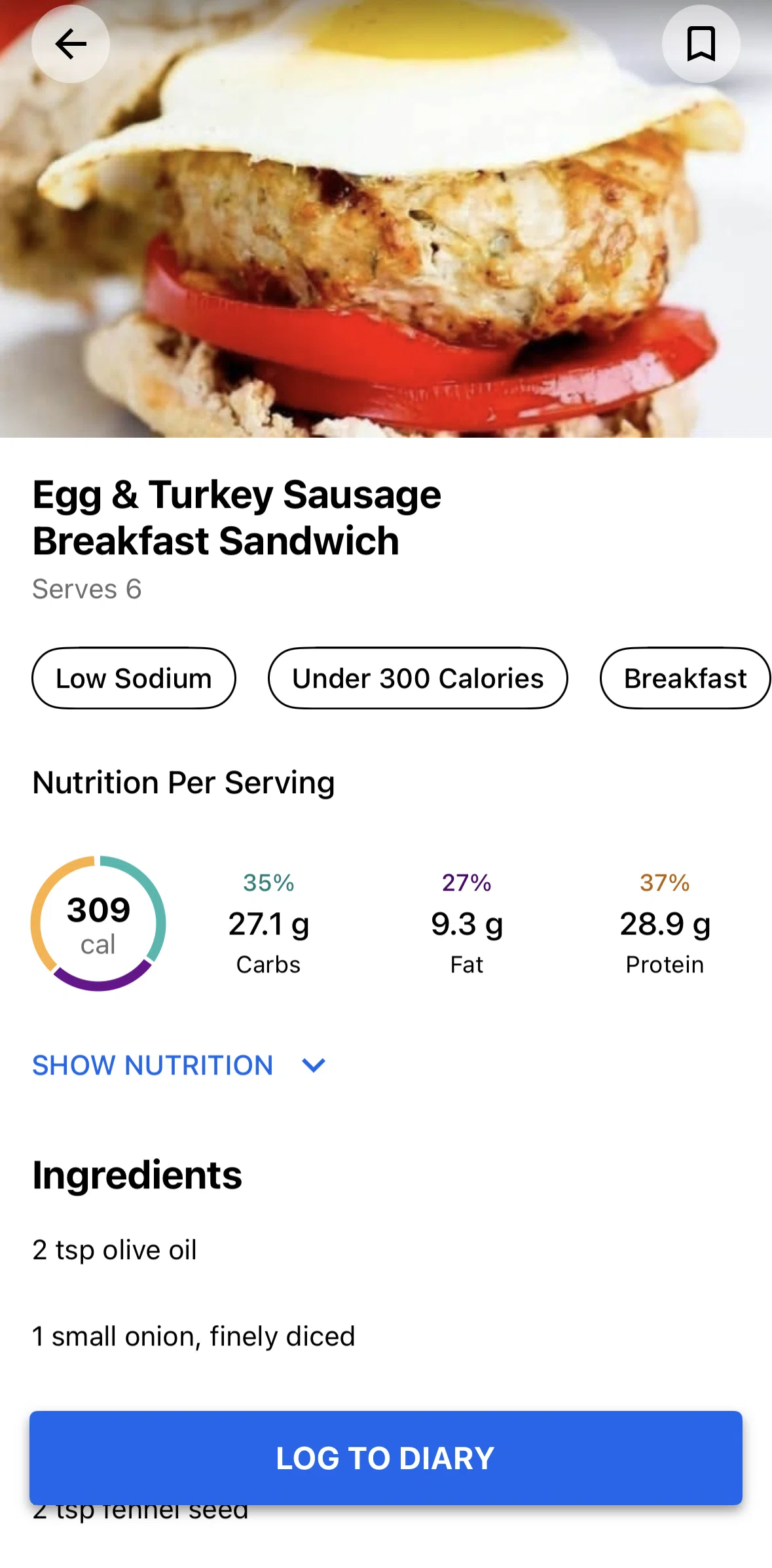 My Fitness Pal Screen 1 screen in the Saving a recipe flow