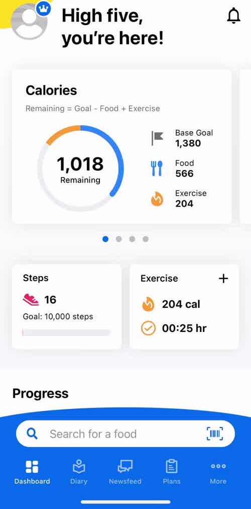 My Fitness Pal Dashboard screen in the Setting Goals flow