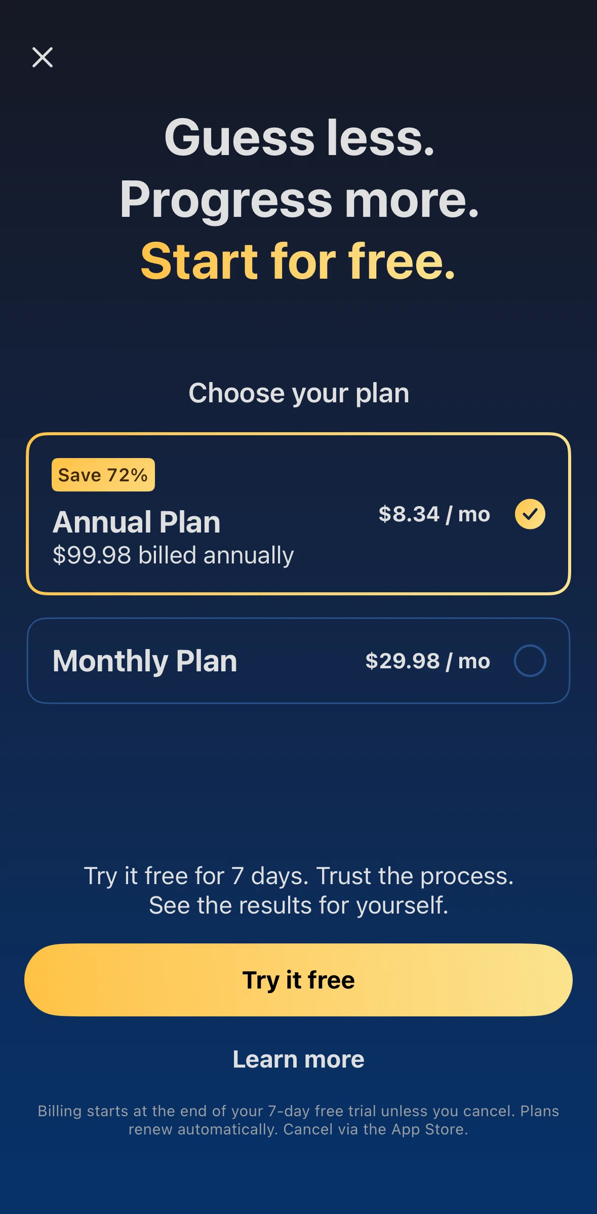 My Fitness Pal Screen 1 screen in the Subscribing to Myfitnesspal flow