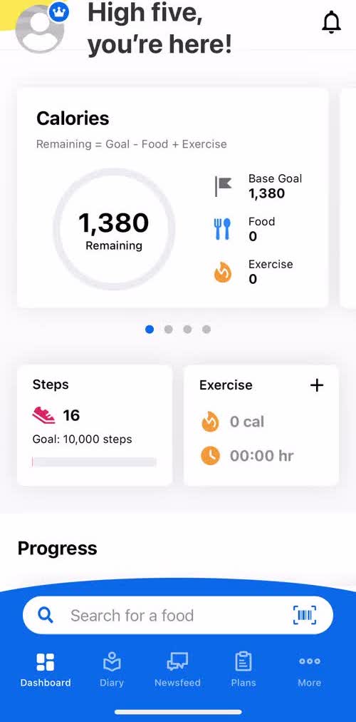 My Fitness Pal Dashboard screen in the Tracking Activity flow