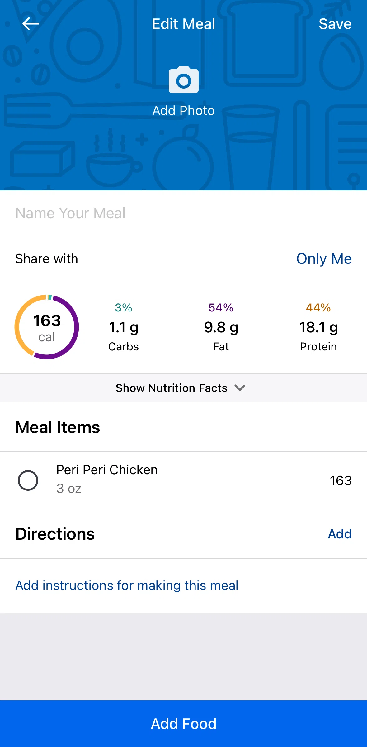 My Fitness Pal Screen 1 screen in the Uploading a photo flow