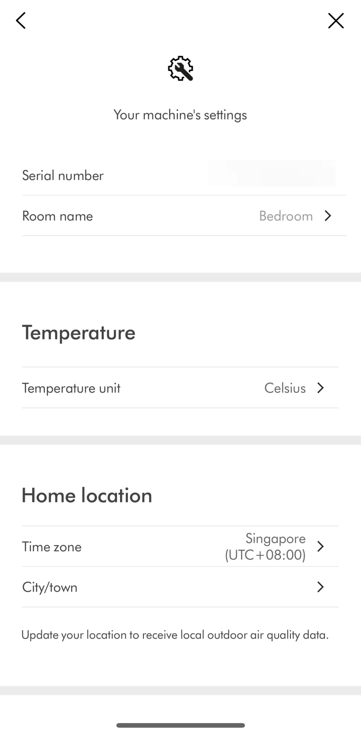 MyDyson Screen screen in the Changing time zone flow