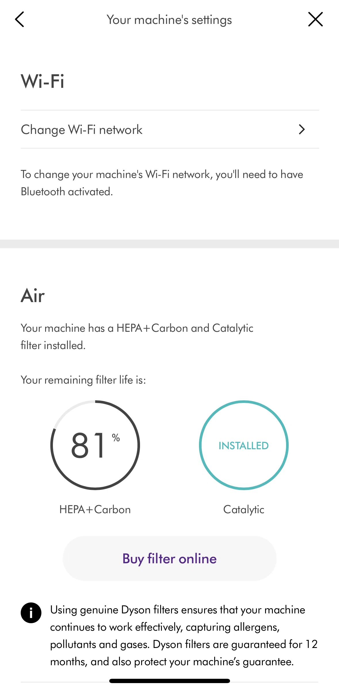 MyDyson Screen screen in the Changing WiFi network flow