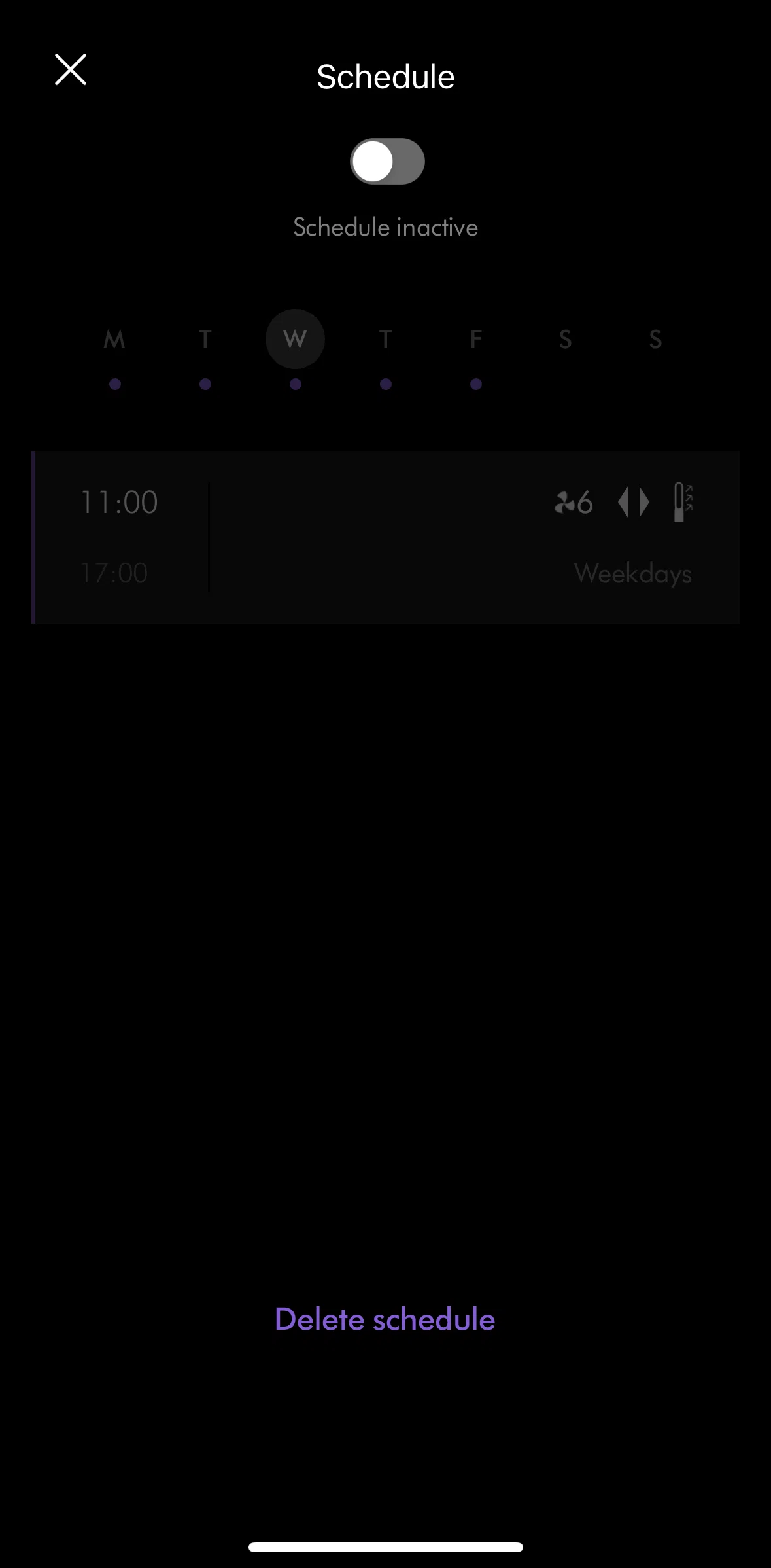 MyDyson Screen screen in the Deleting schedule flow