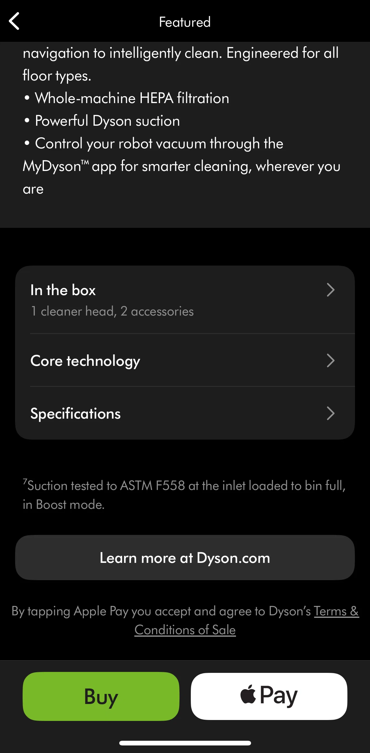 MyDyson Screen screen in the Feature information flow