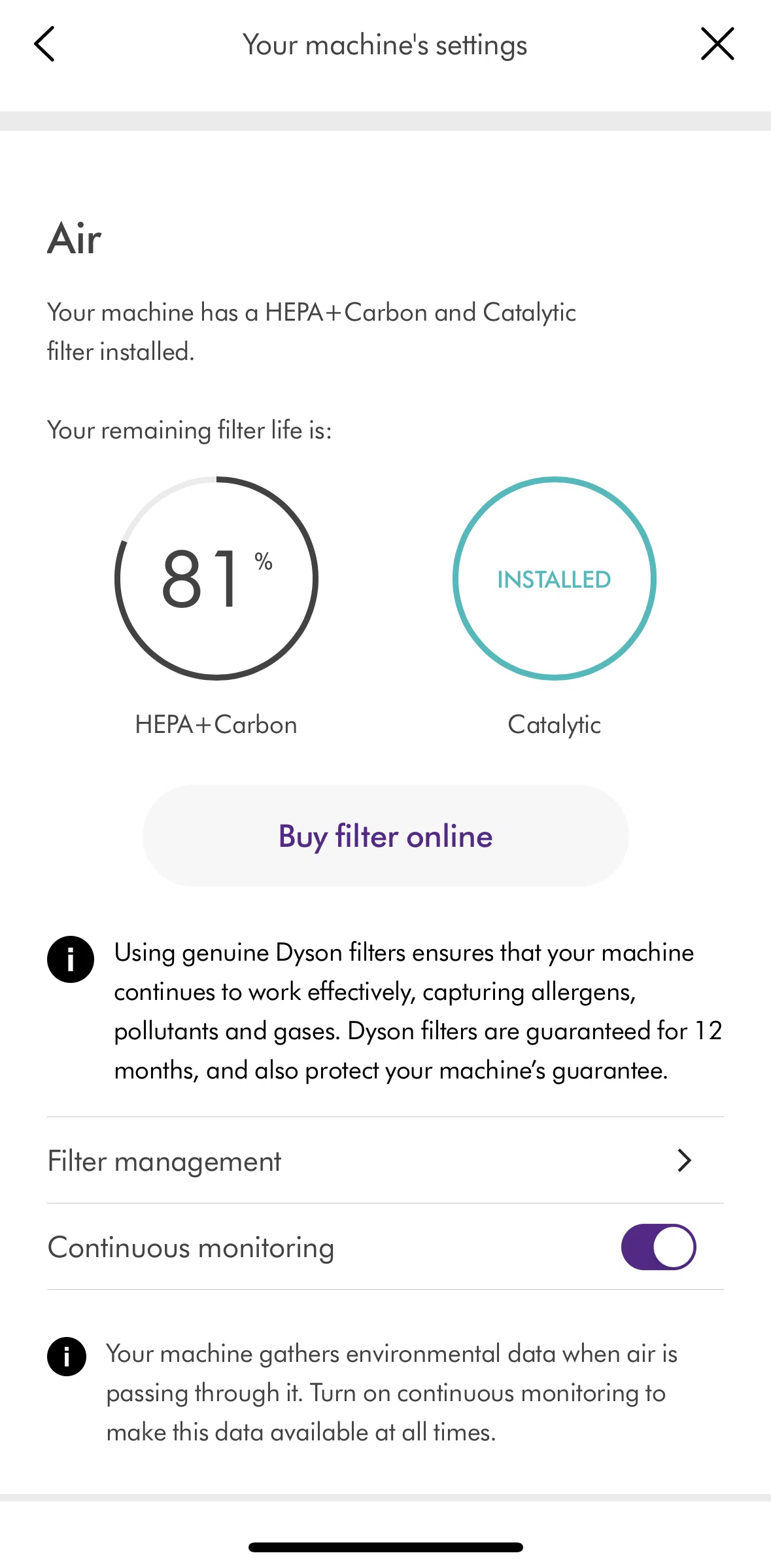 MyDyson Screen screen in the Filter management flow