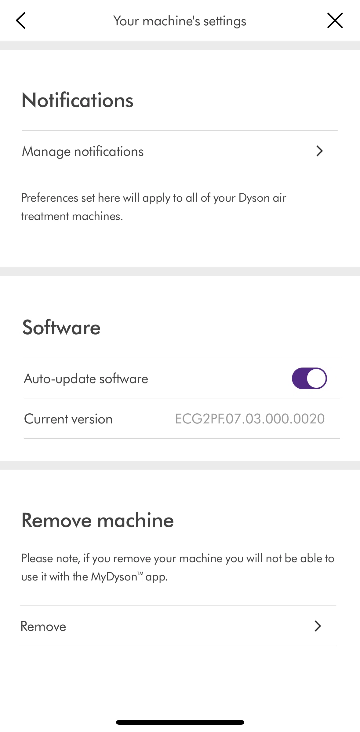 MyDyson Screen screen in the Removing a machine flow