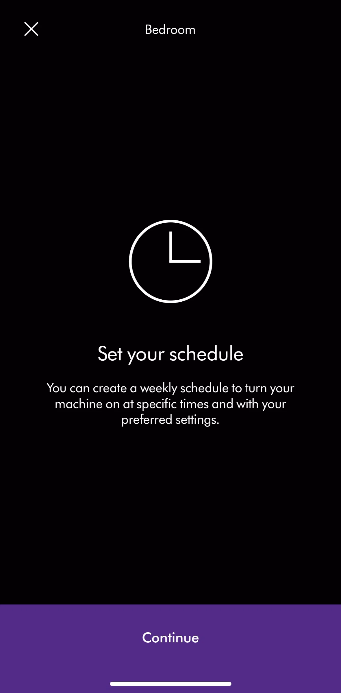 MyDyson Screen screen in the Setting a schedule flow