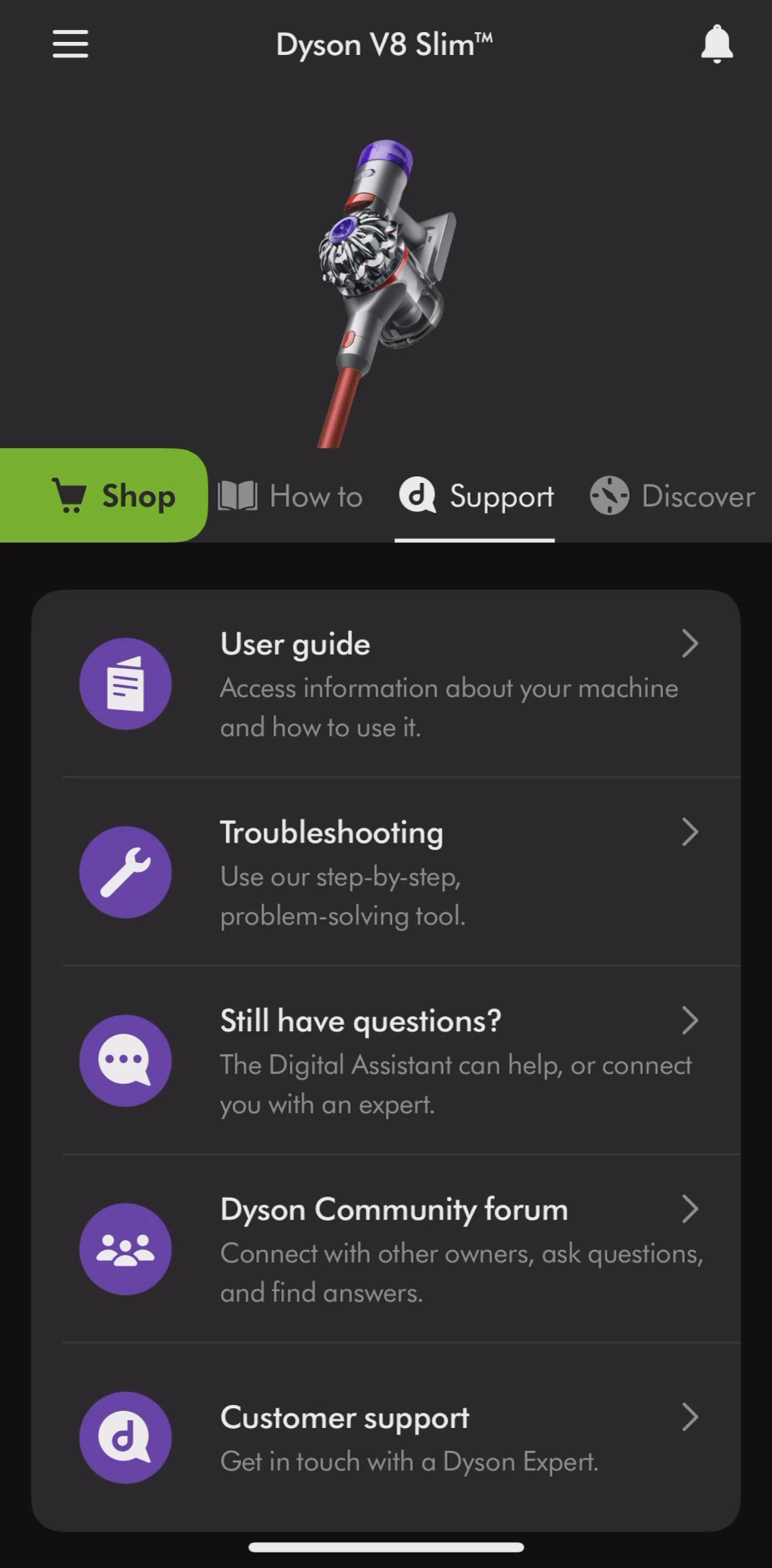 MyDyson Screen screen in the User guide flow