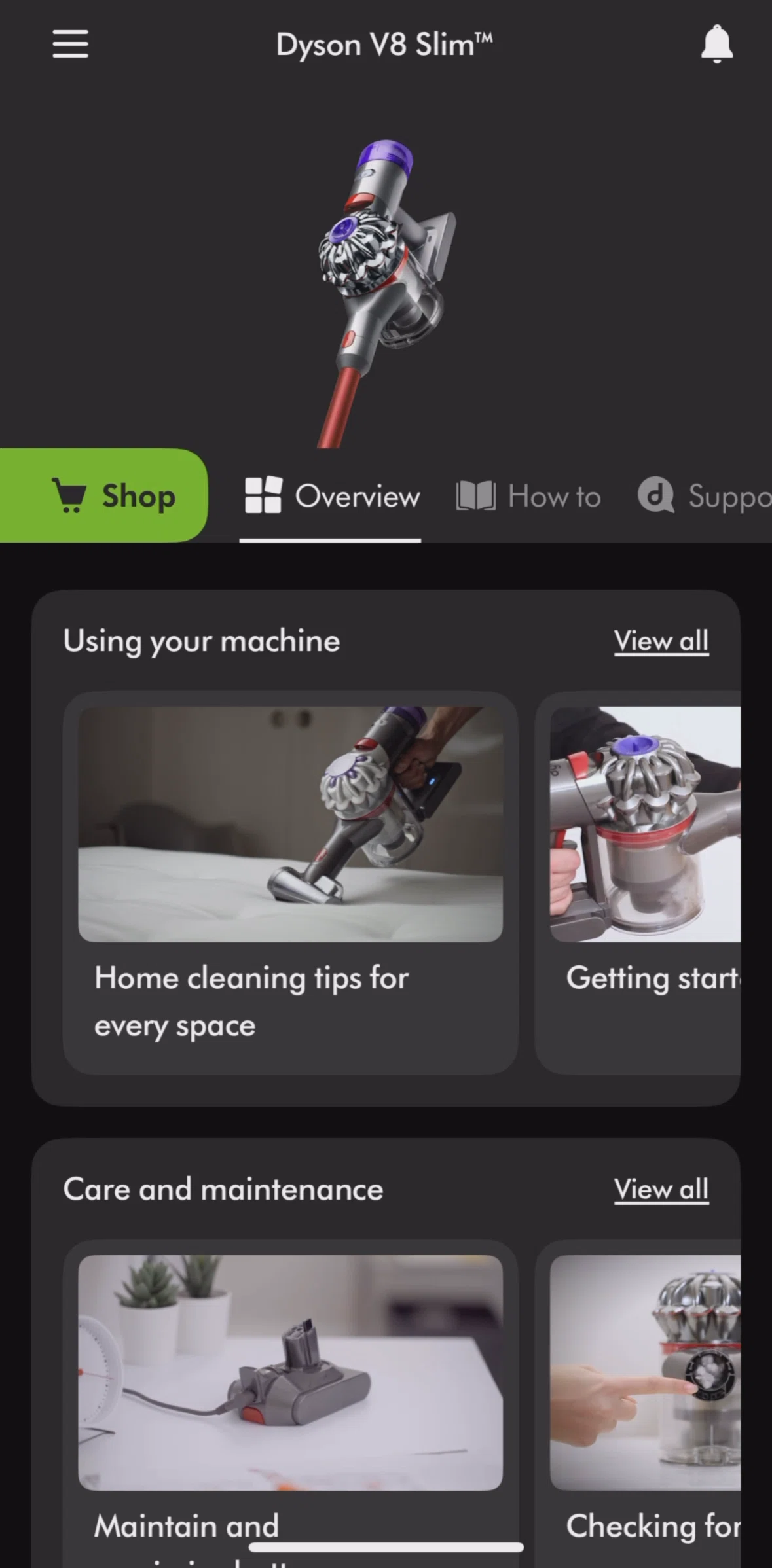 MyDyson Screen screen in the Watching a guide video flow
