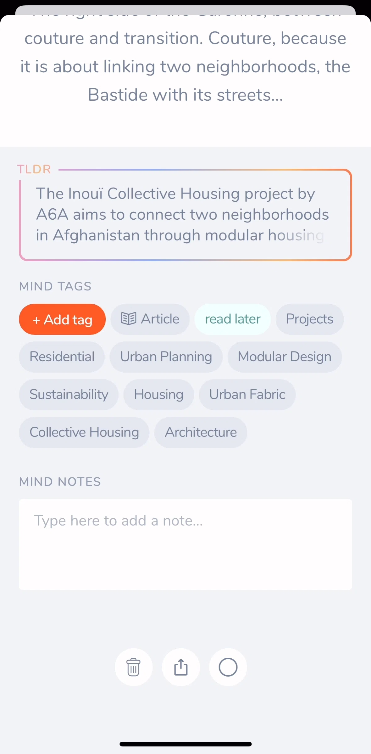mymind Screen screen in the Adding tags (article detail) flow