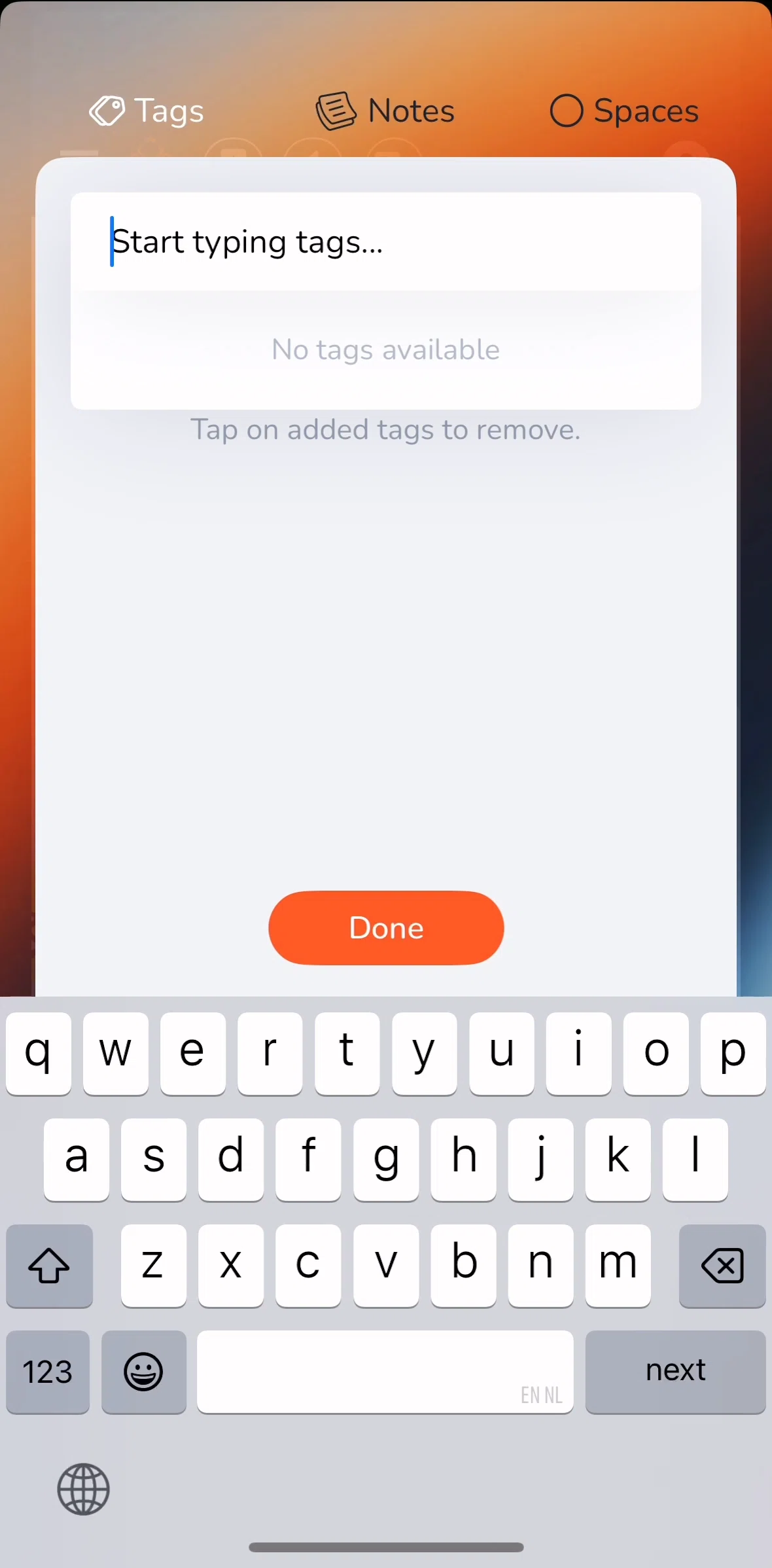 mymind Screen screen in the Adding tags flow