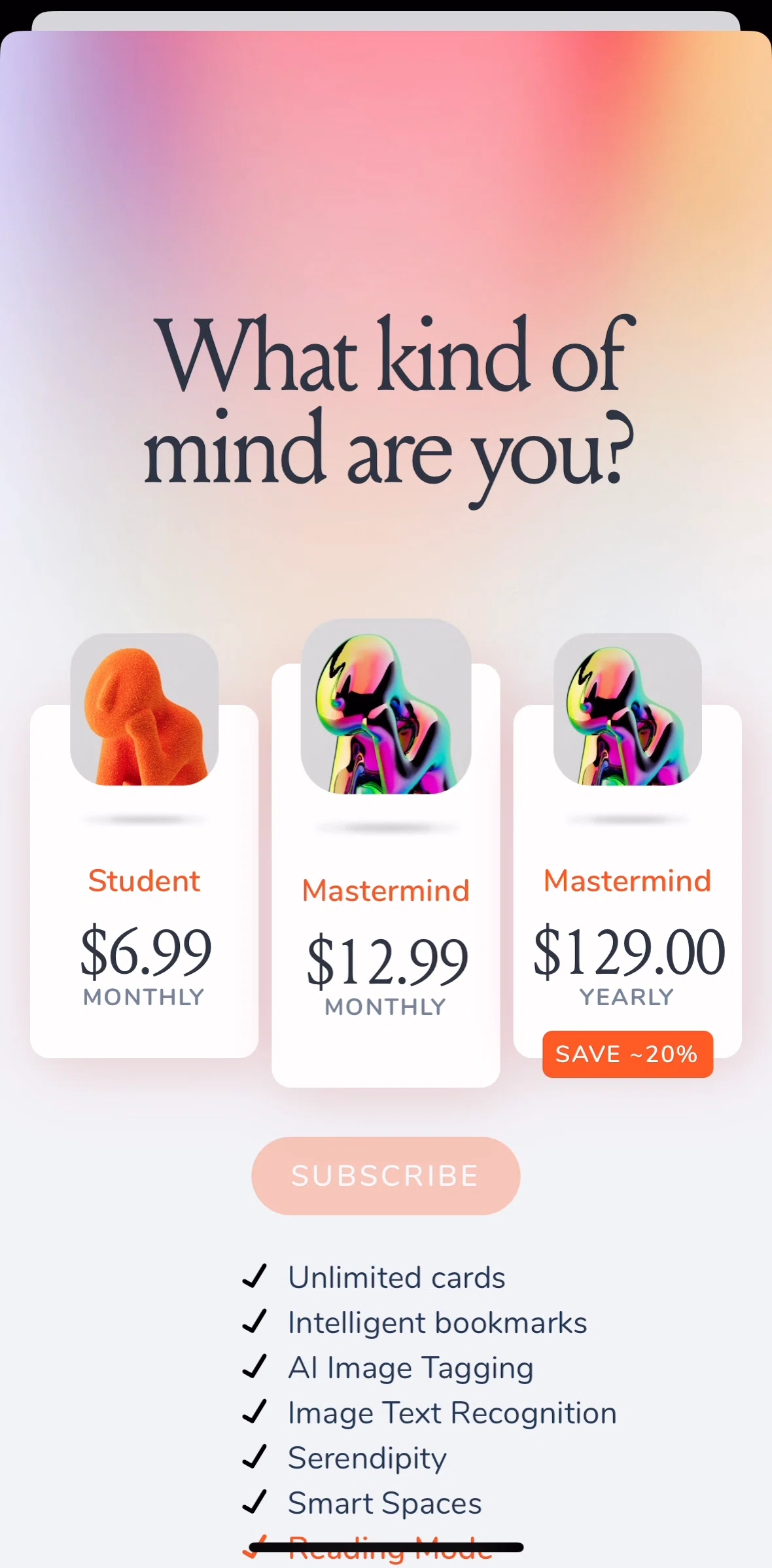 mymind Screen screen in the Subscribing to premium flow
