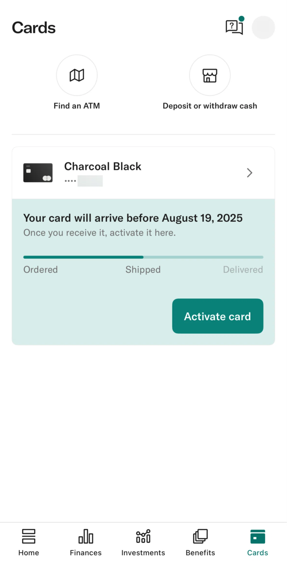 N26 Screen screen in the Activate a card (not yet arrived) flow