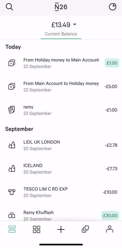 N26 Home feed screen in the Activity Feed flow