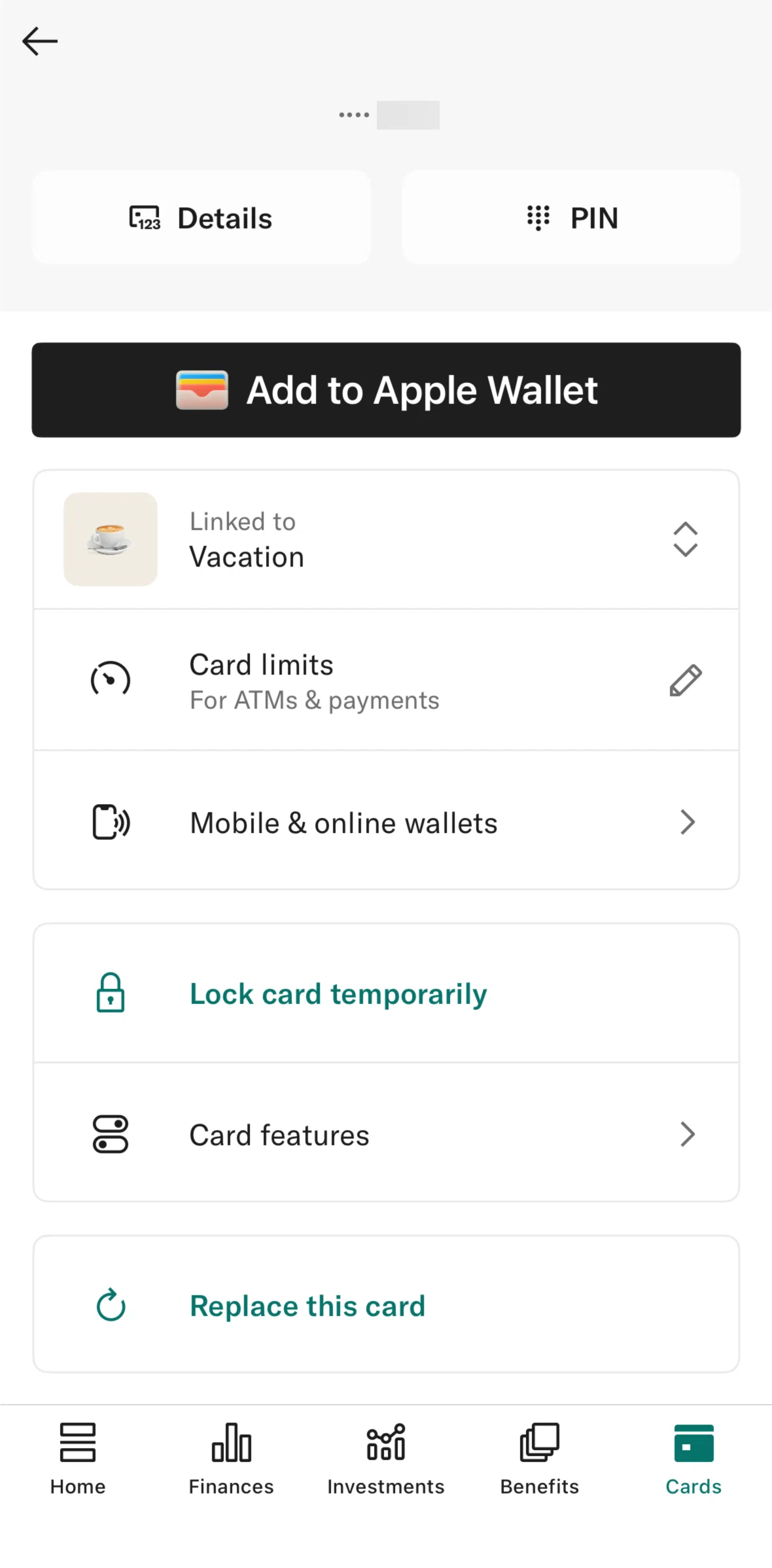N26 Screen screen in the Card features flow