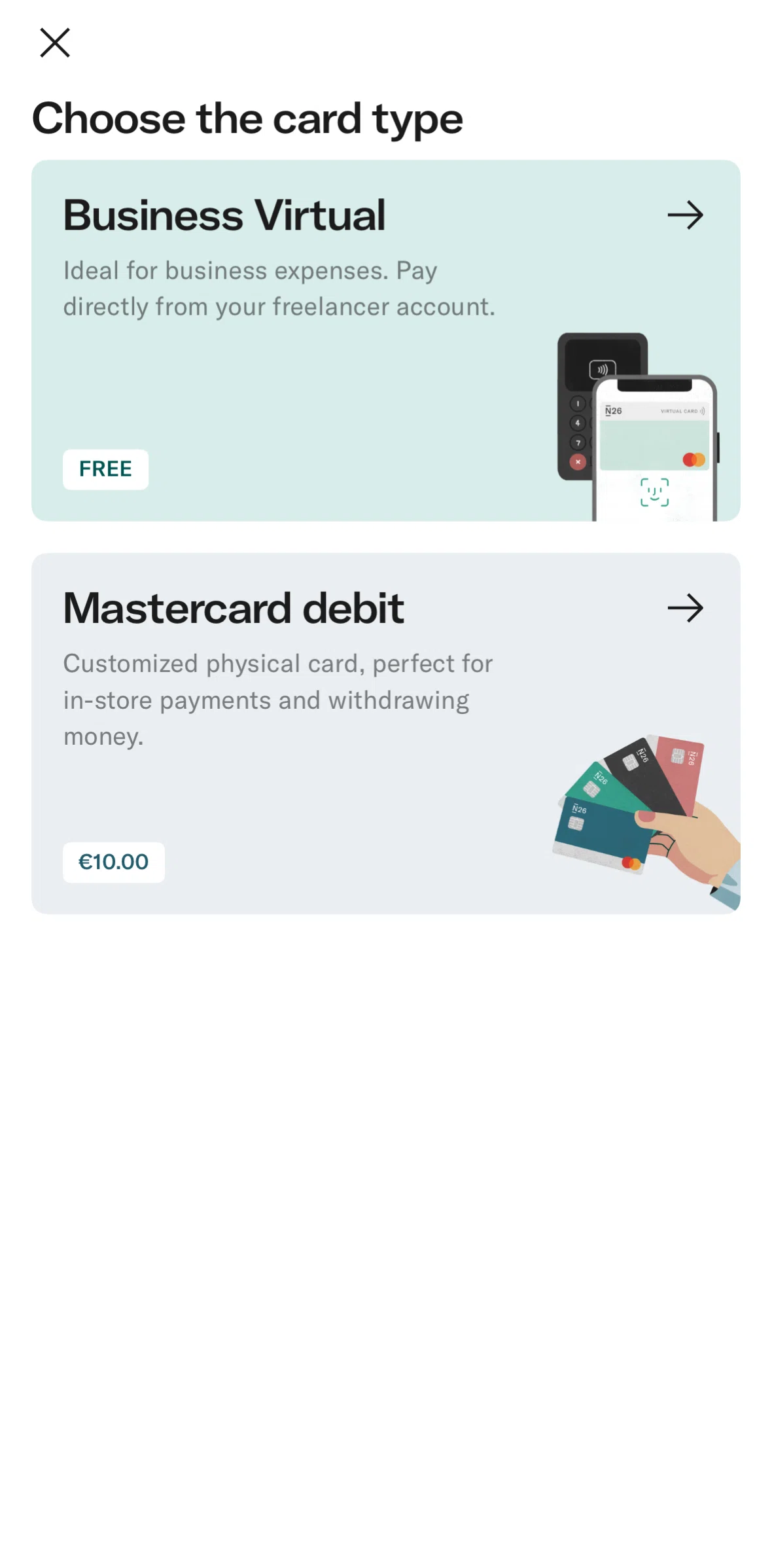 N26 Screen screen in the Create a debit card flow