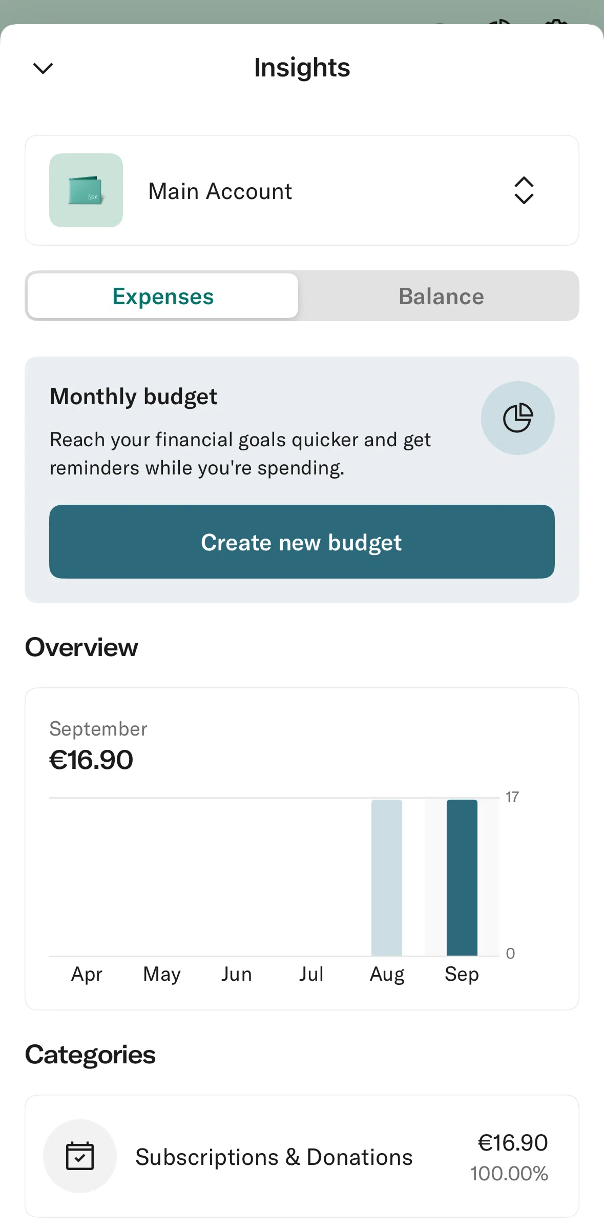 N26 Screen screen in the Create a monthly budget flow