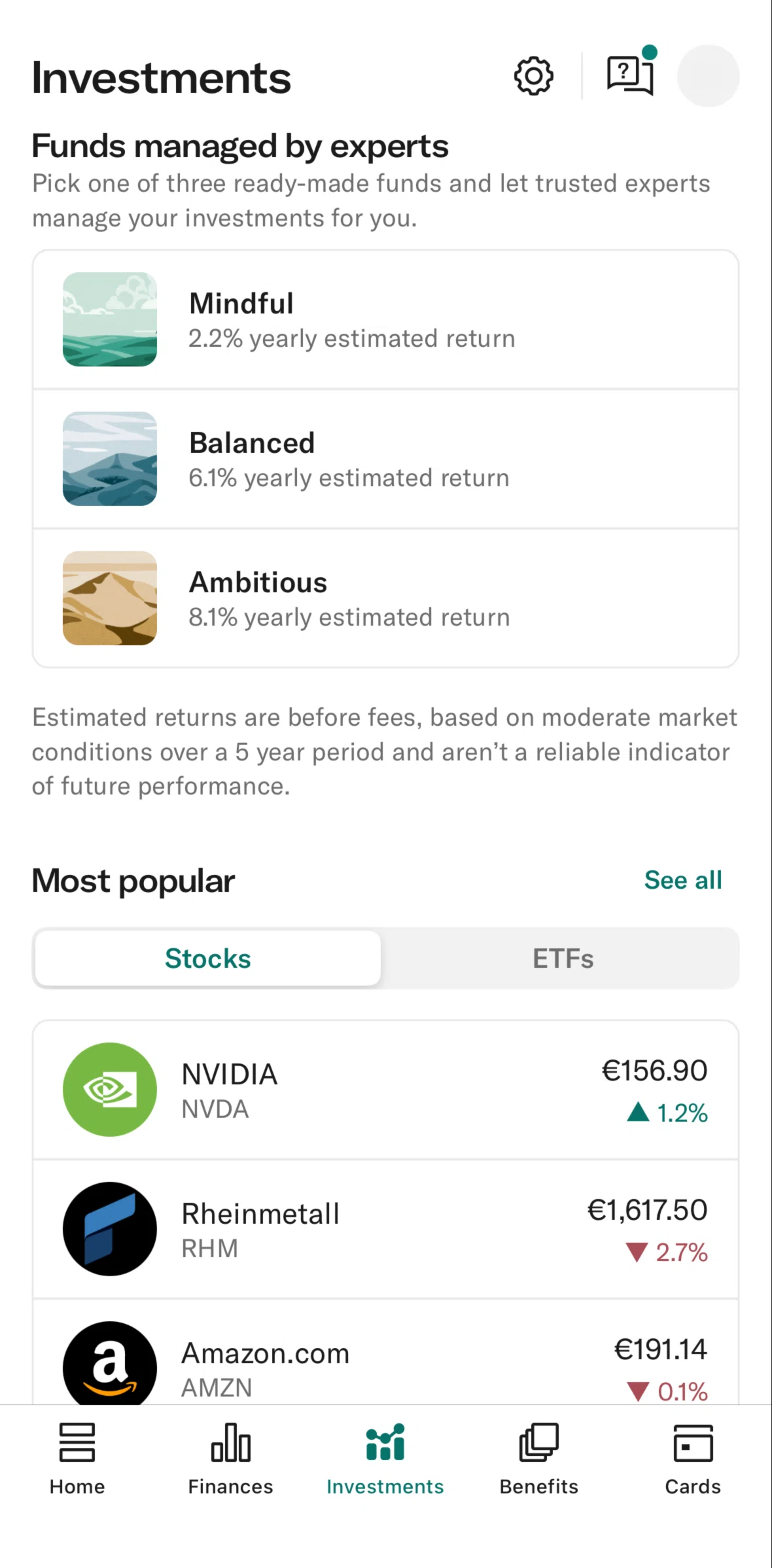 N26 Screen screen in the Explore investments flow