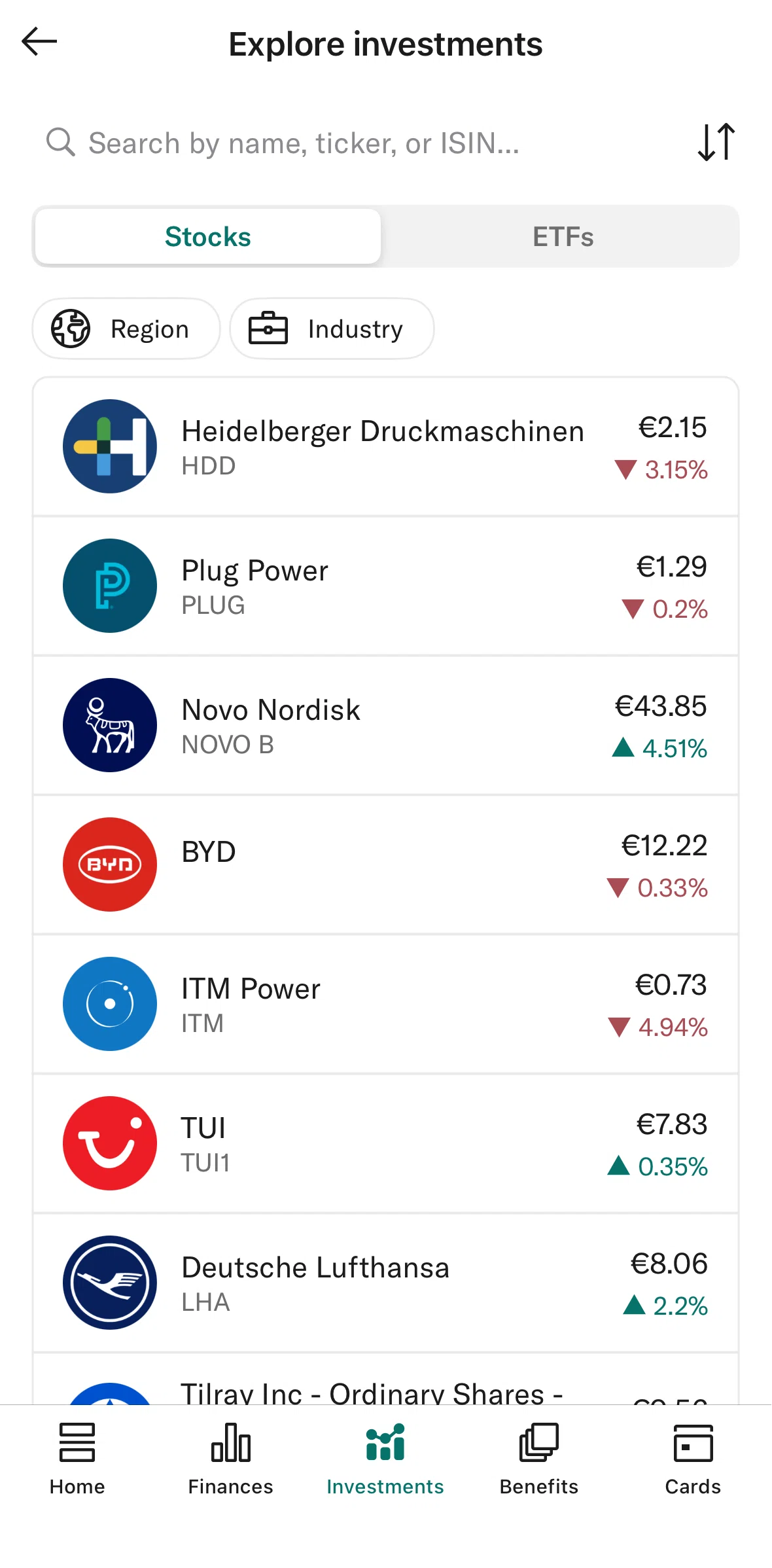 N26 Screen screen in the Filtering stocks flow
