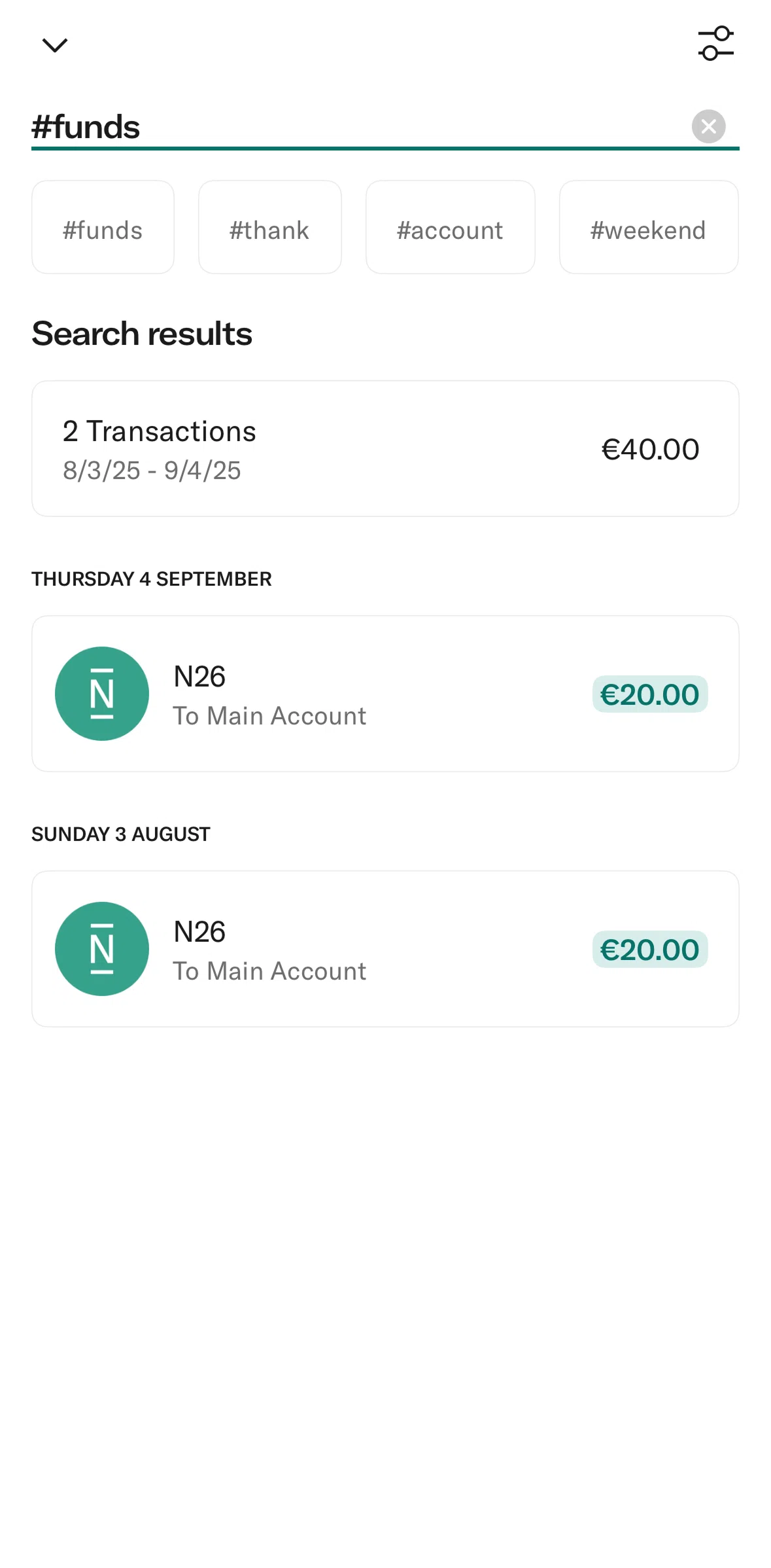 N26 Screen screen in the Filtering transactions flow