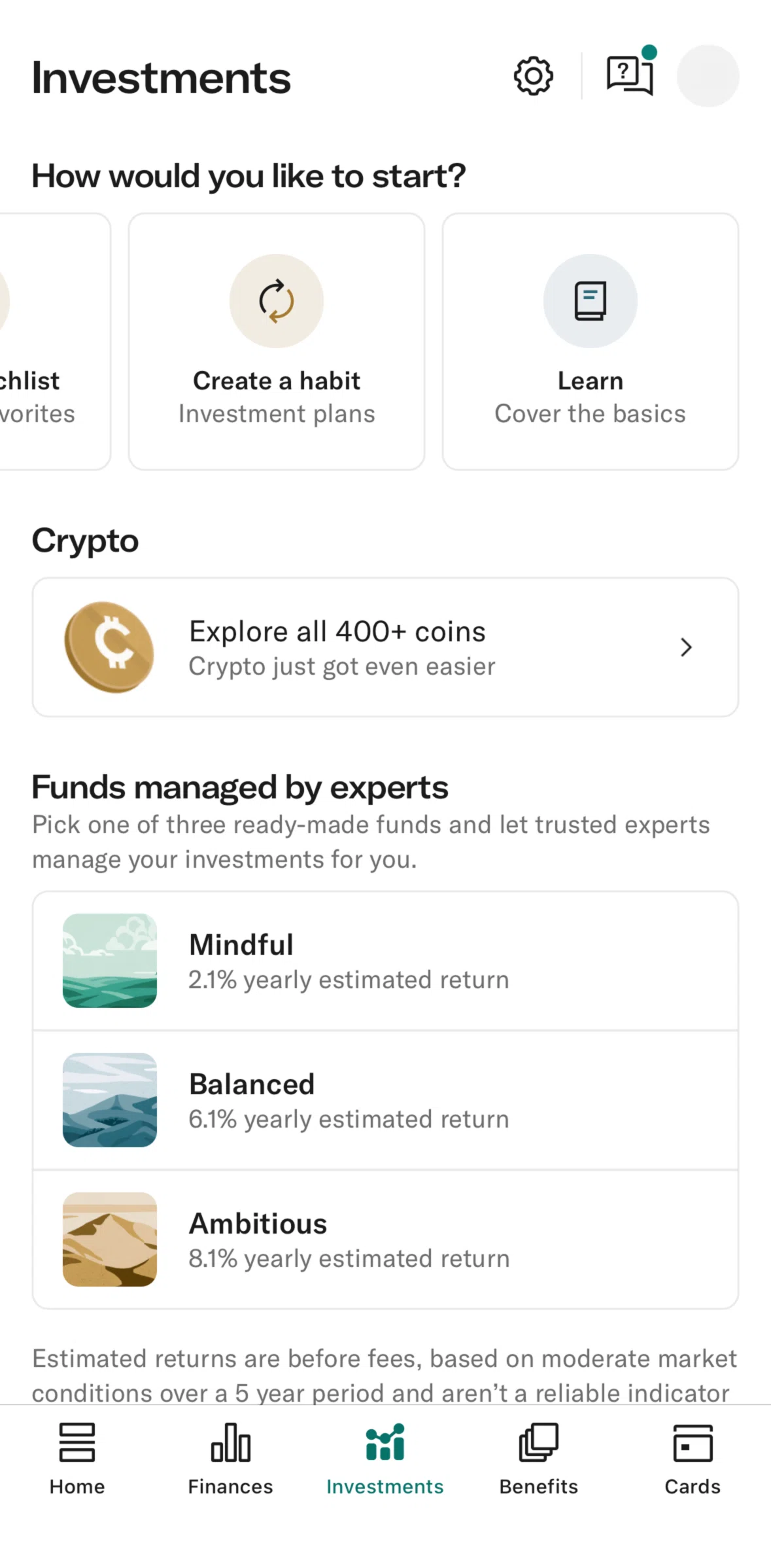 N26 Screen screen in the Learn about investing flow