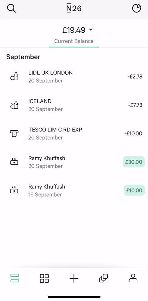 N26 Home feed screen in the Sending Currency flow