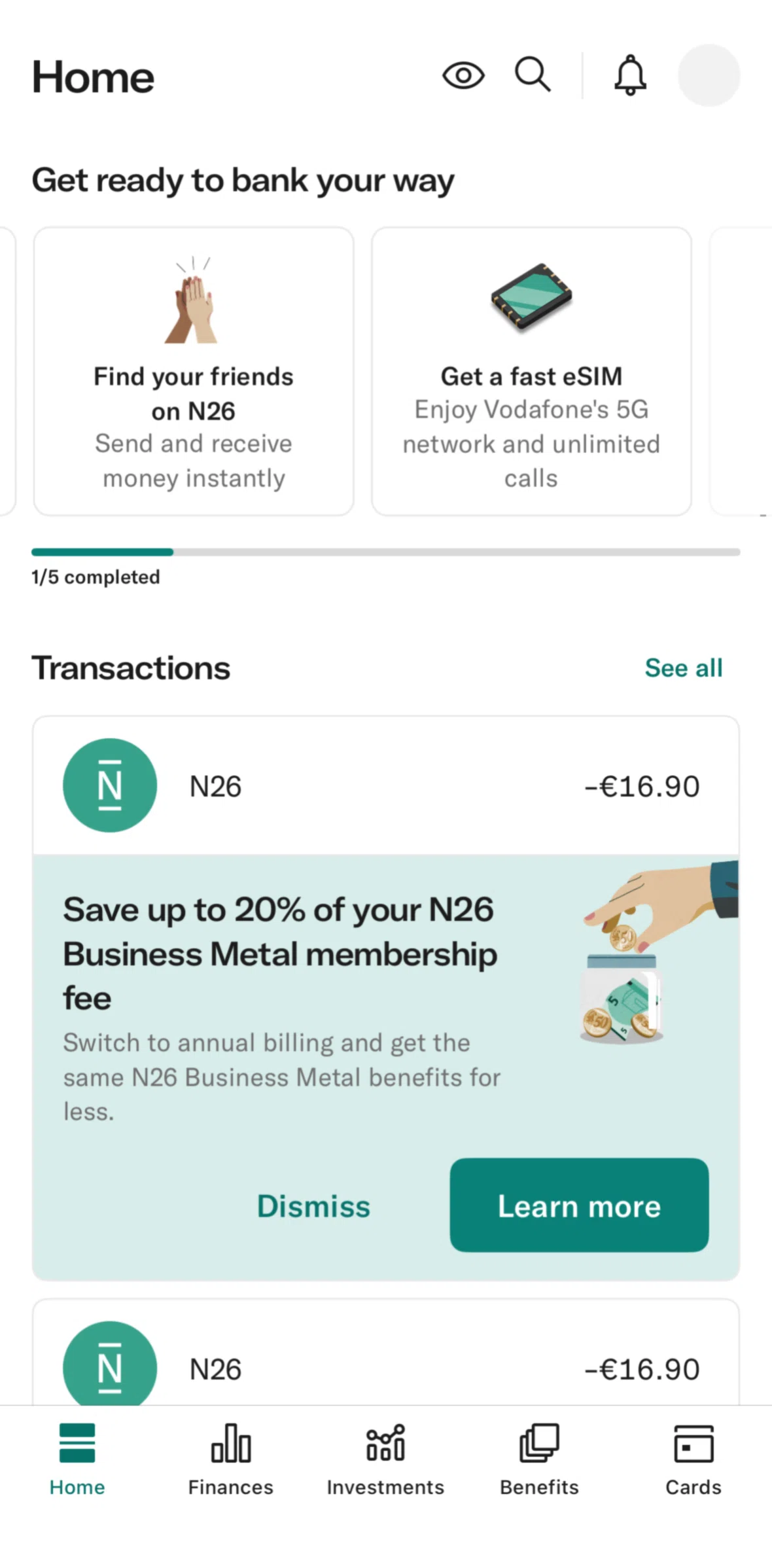 N26 Screen screen in the Transaction history flow
