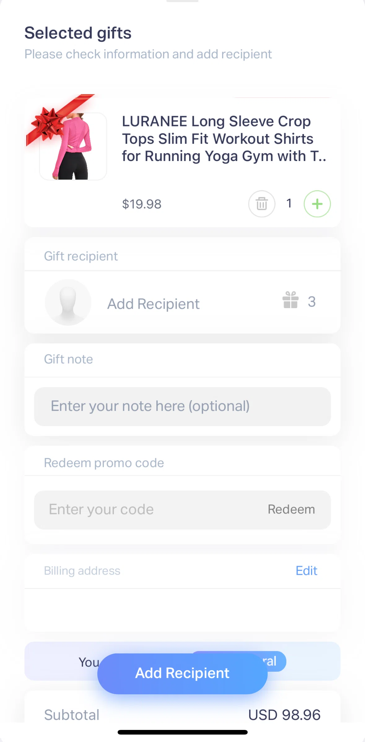 Natural AI Screen screen in the Adding a gift recipient flow