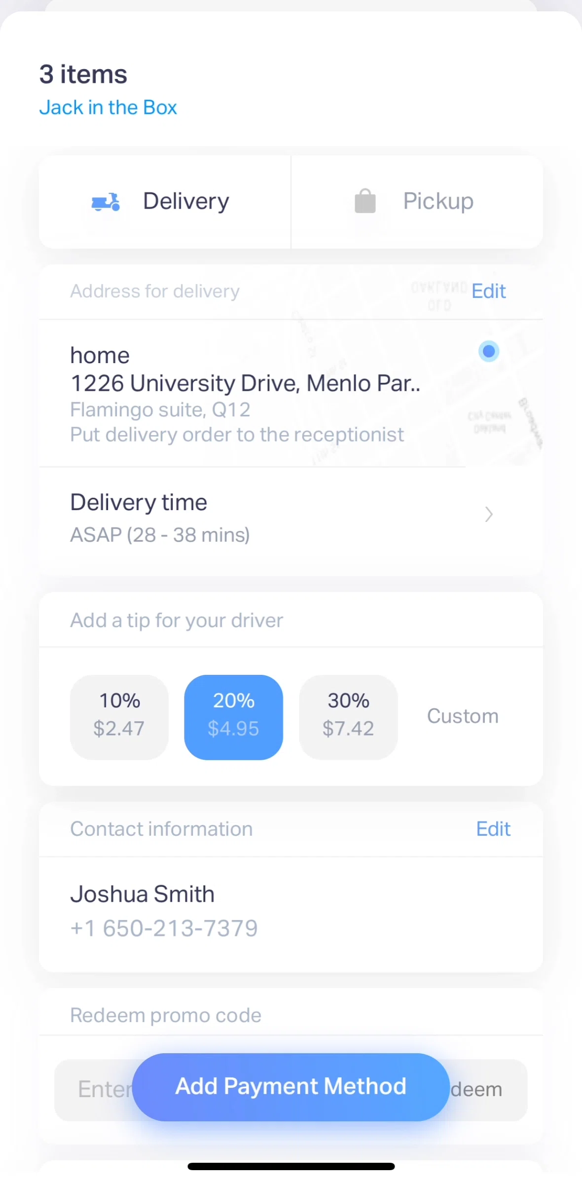 Natural AI Screen screen in the Adding a tip for driver flow