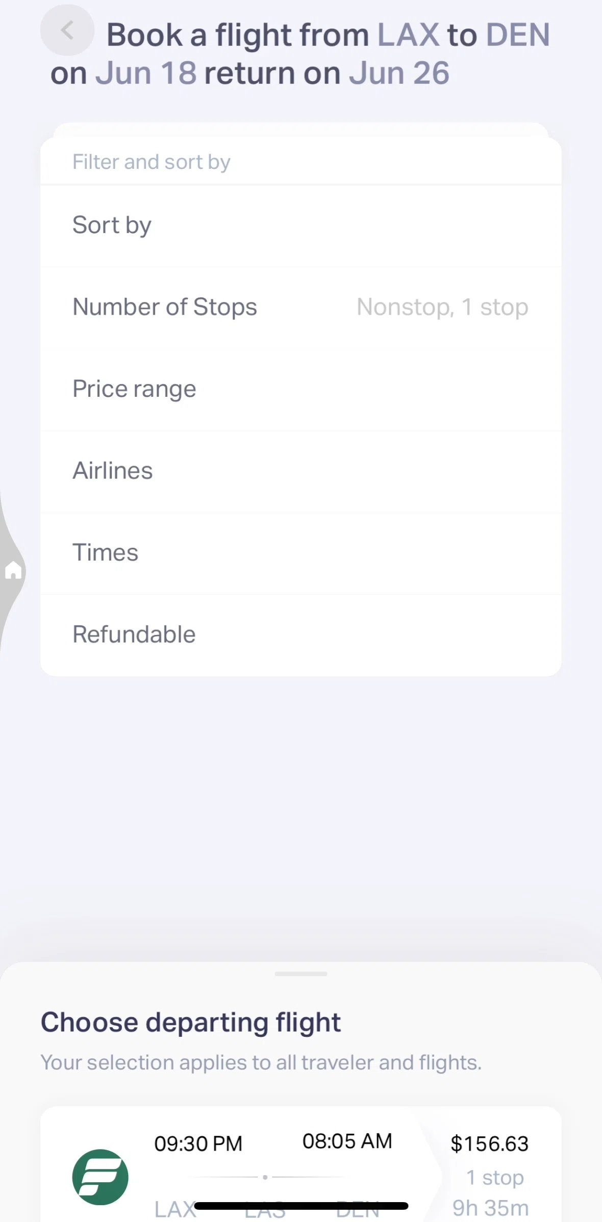 Natural AI Screen screen in the Sorting flights flow