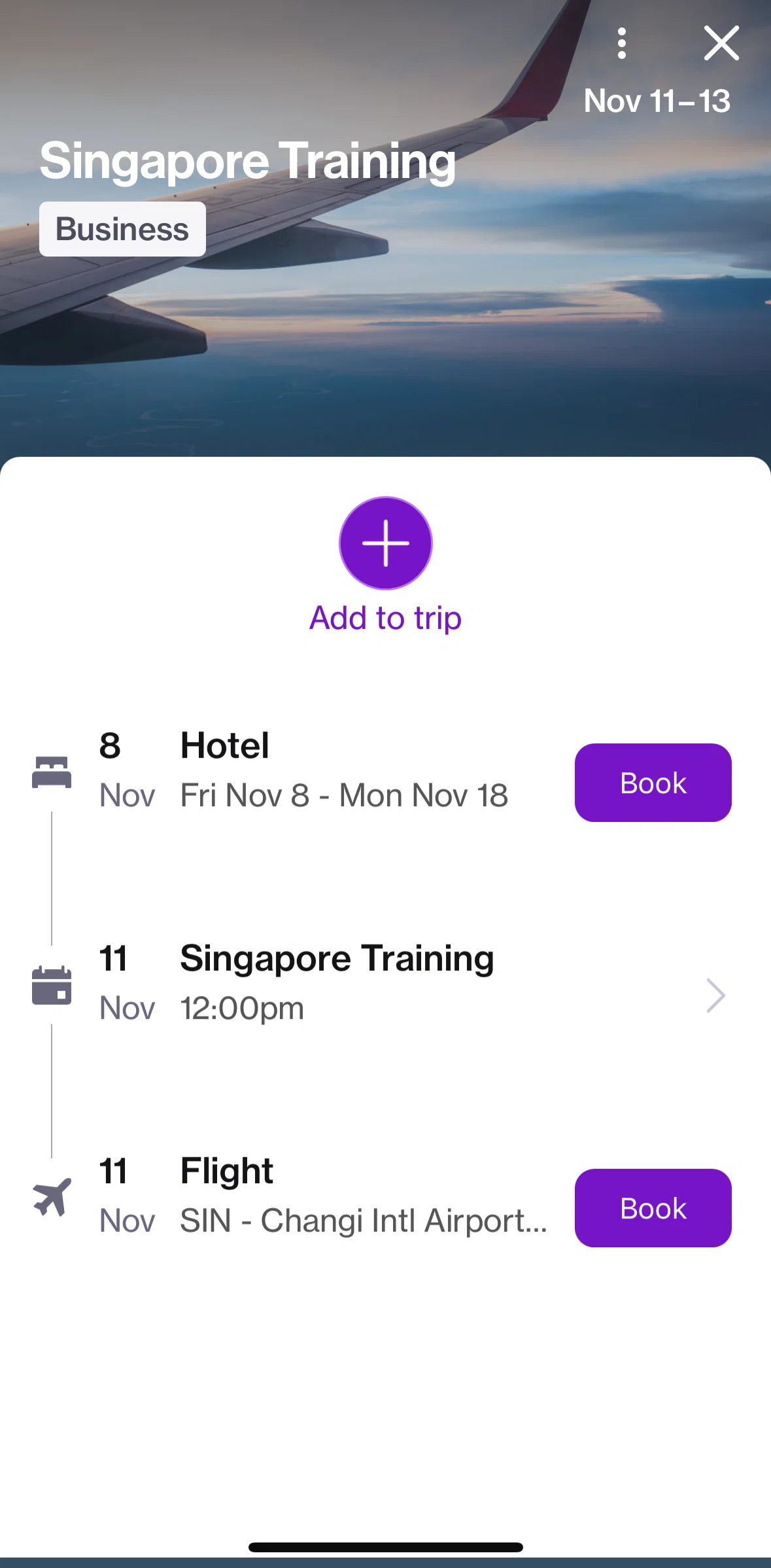 Navan Screen screen in the Add a hotel reservation to trip flow