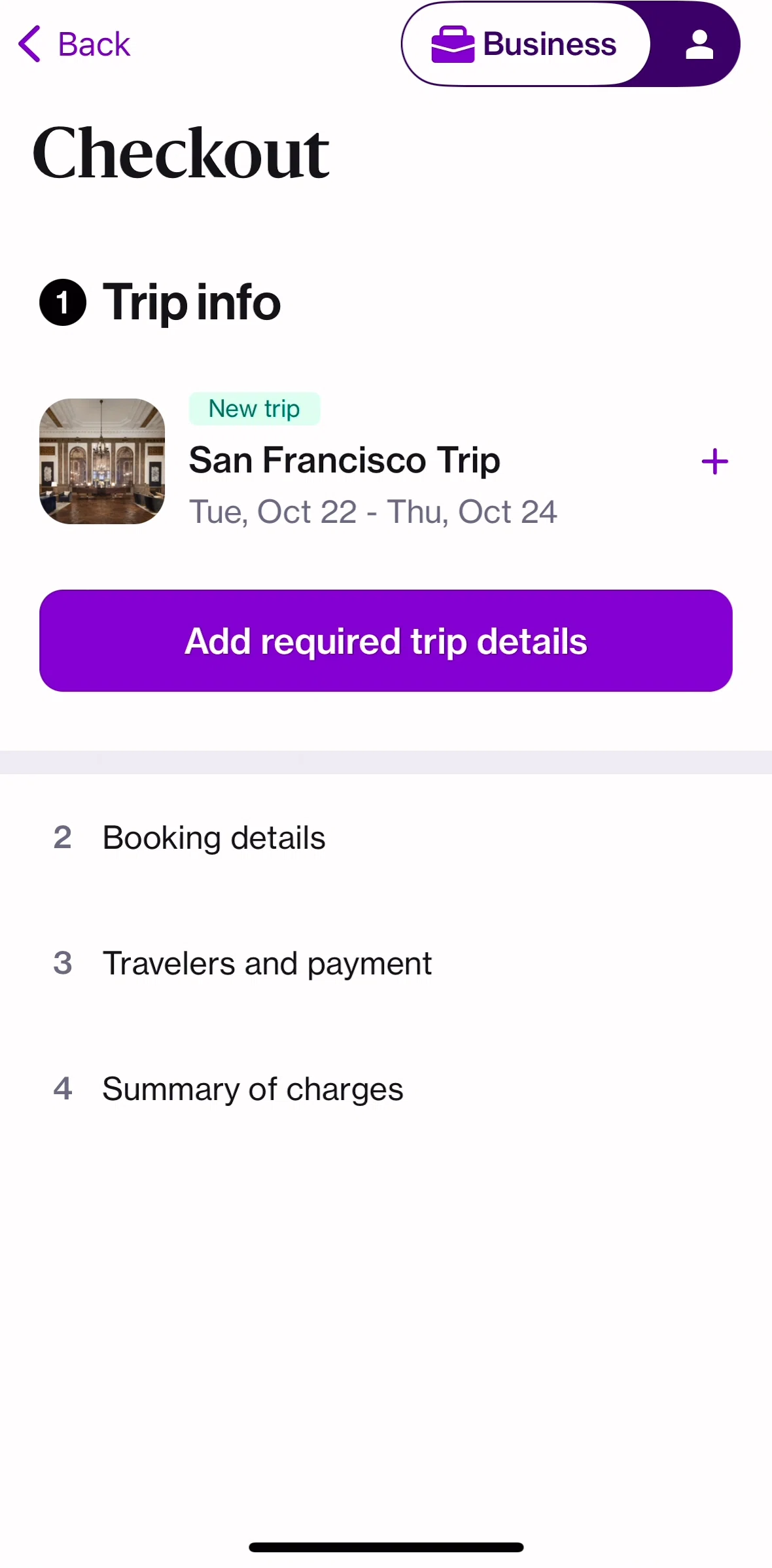 Navan Screen screen in the Changing trip details flow