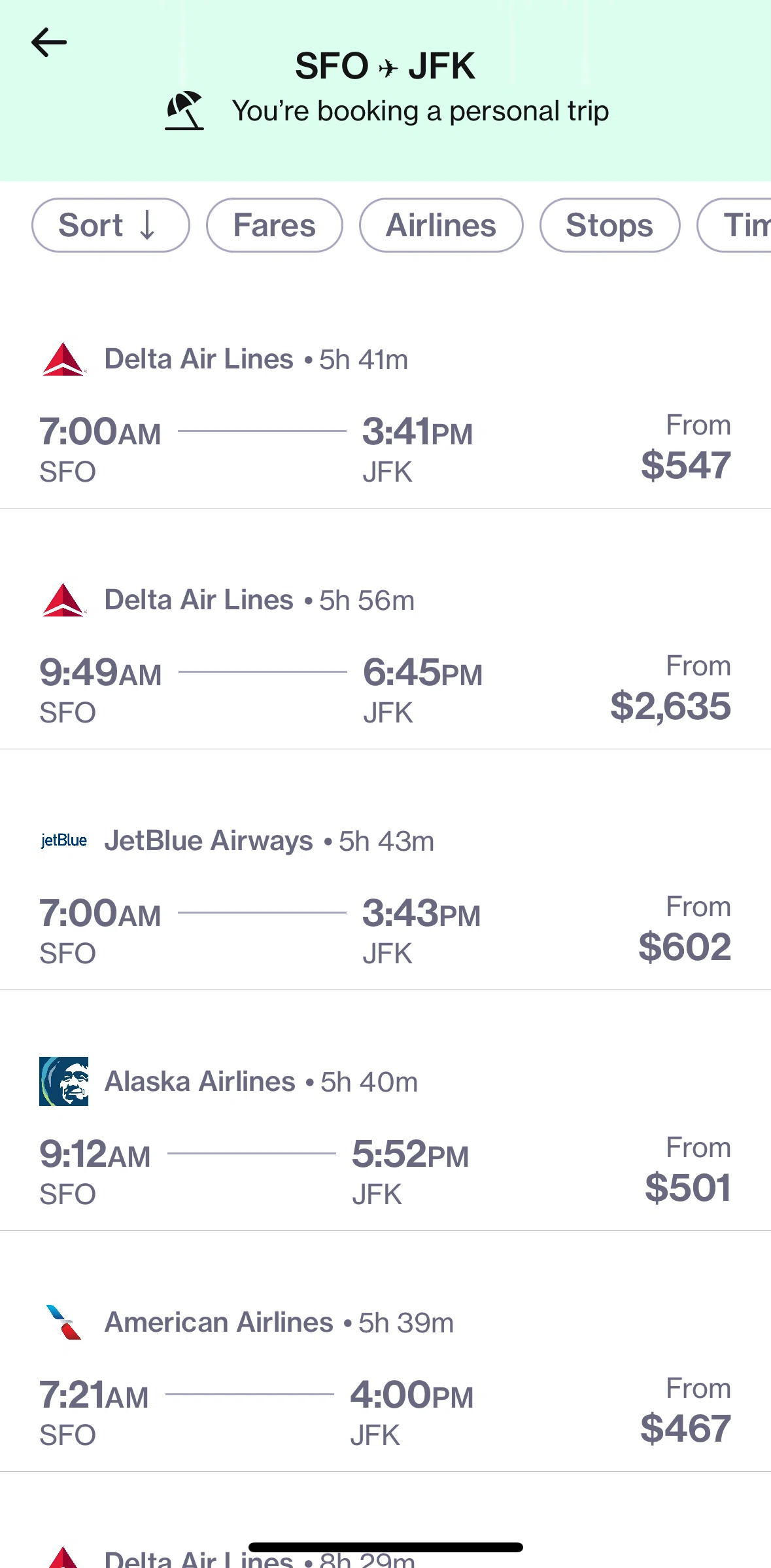 Navan Screen screen in the Filtering flights flow