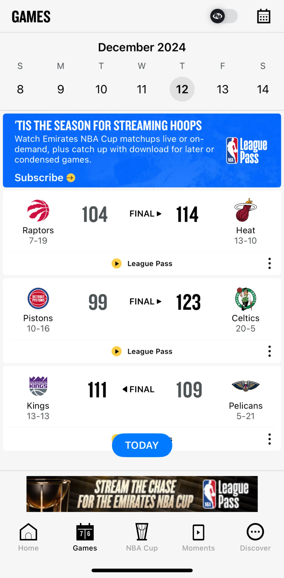 NBA Screen screen in the Calendar flow