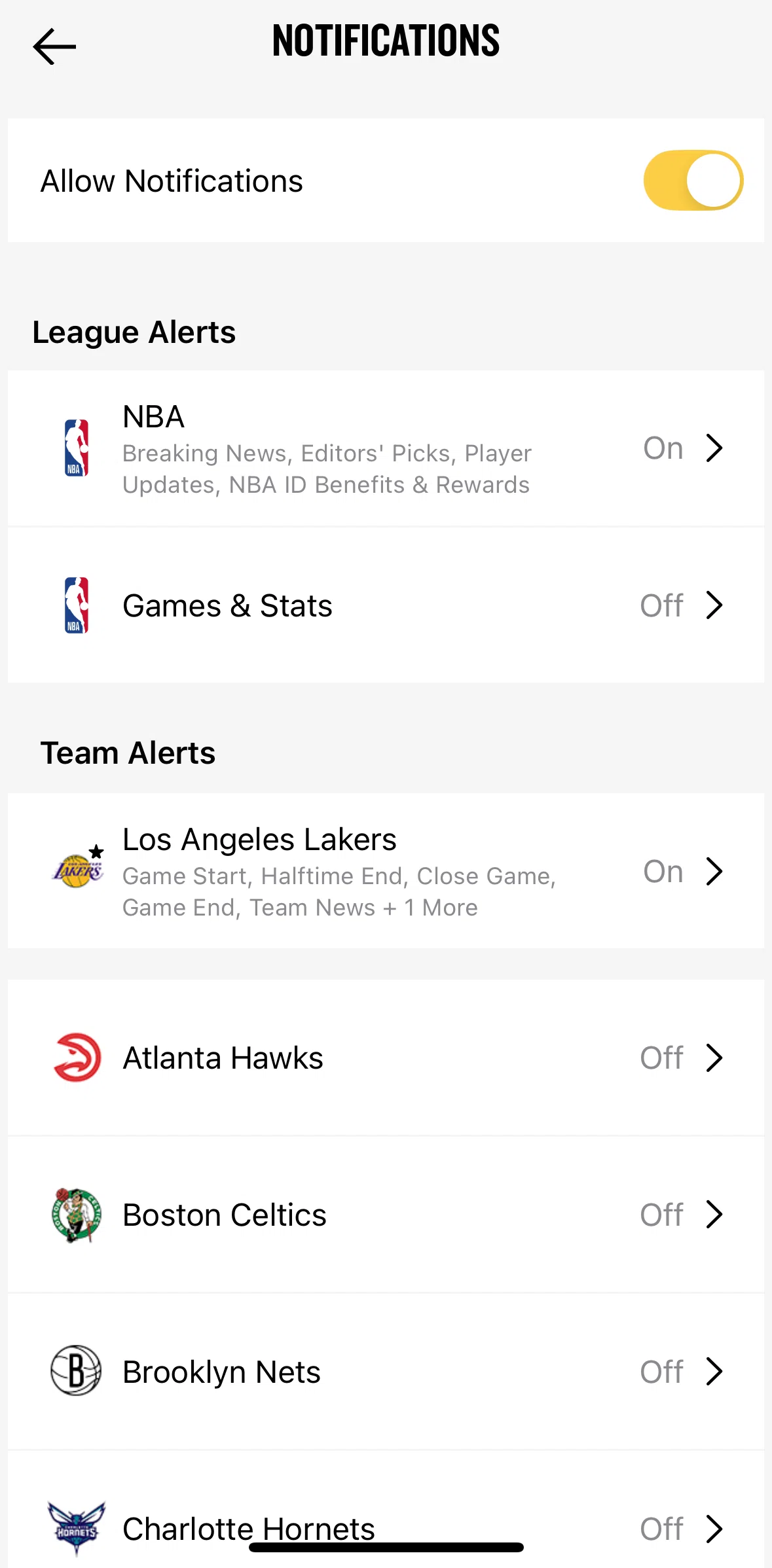 NBA Screen screen in the Changing games and stats notifications flow