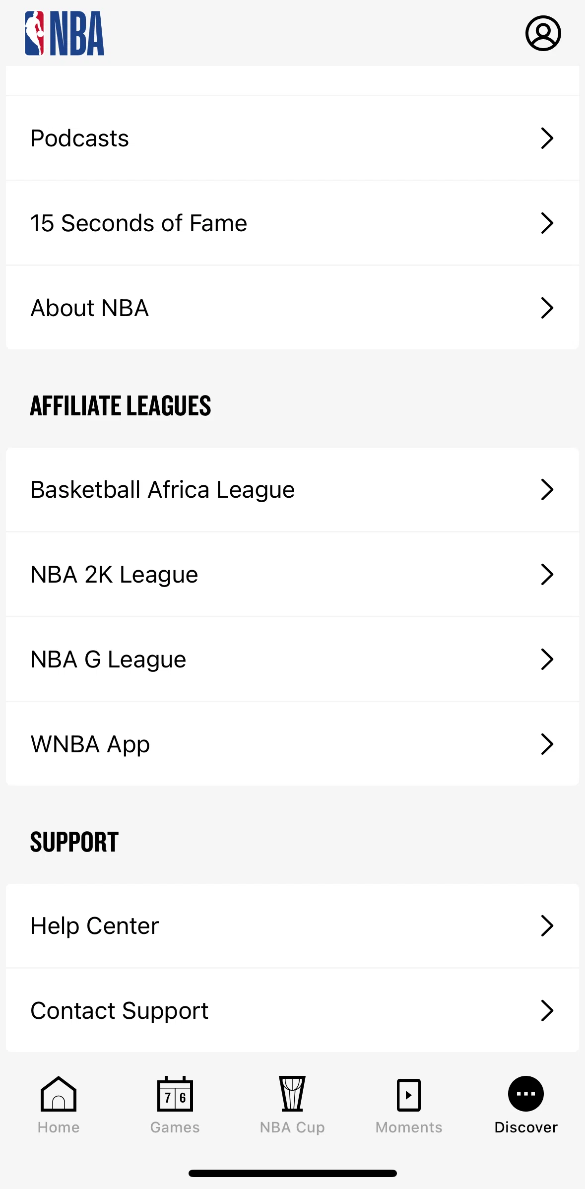 NBA Screen screen in the Help center flow
