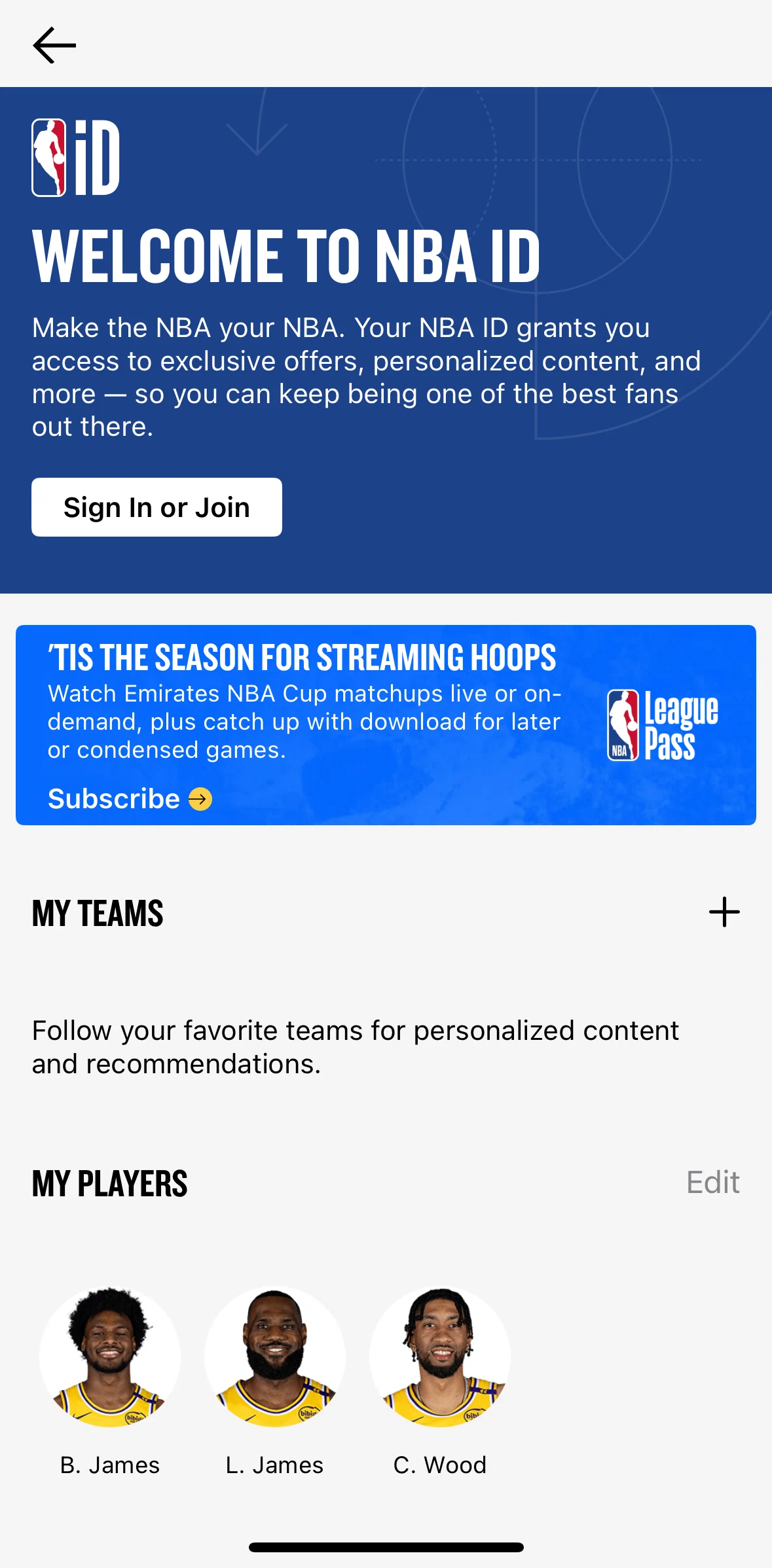 NBA Screen screen in the Logging in flow