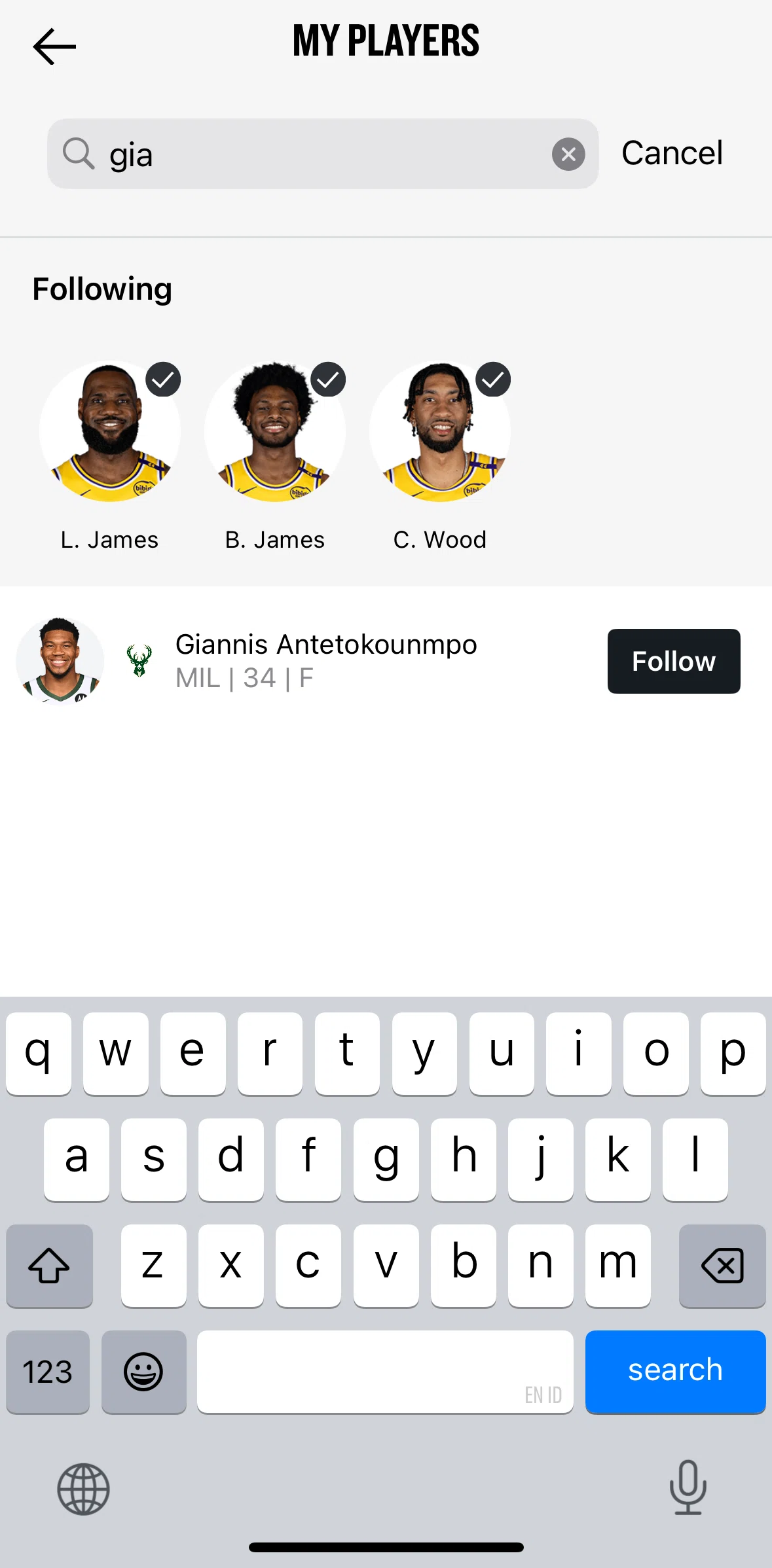 NBA Screen screen in the Player detail flow
