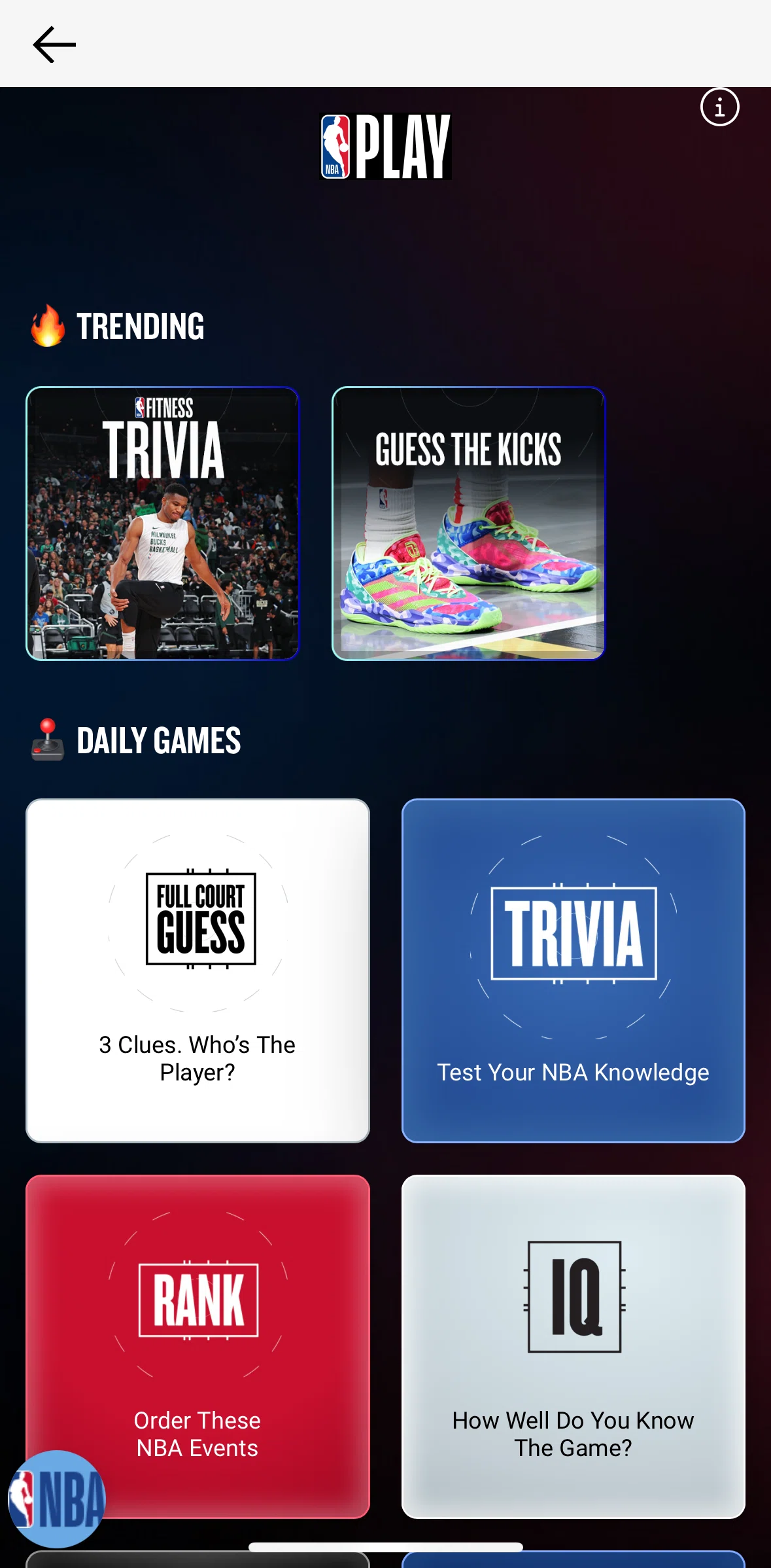 NBA Screen screen in the Playing a quiz game flow