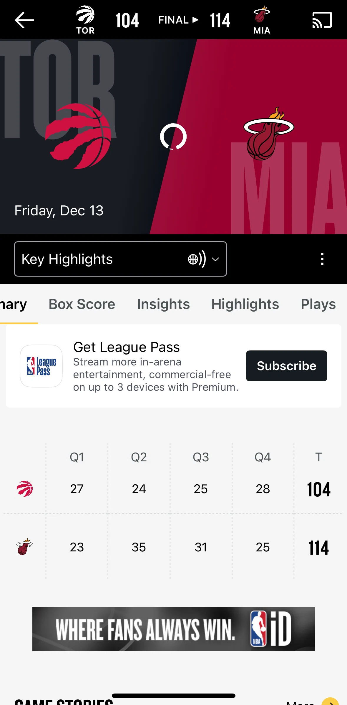 NBA Screen screen in the Plays flow